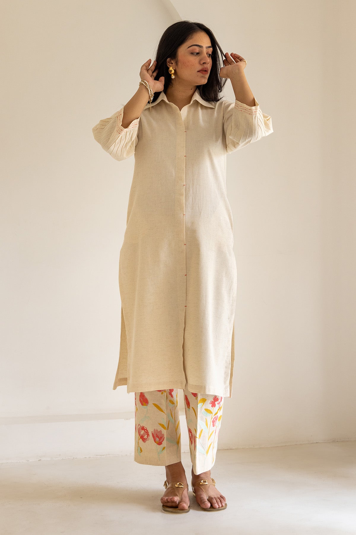Ivory Cotton Floral Kurta Set