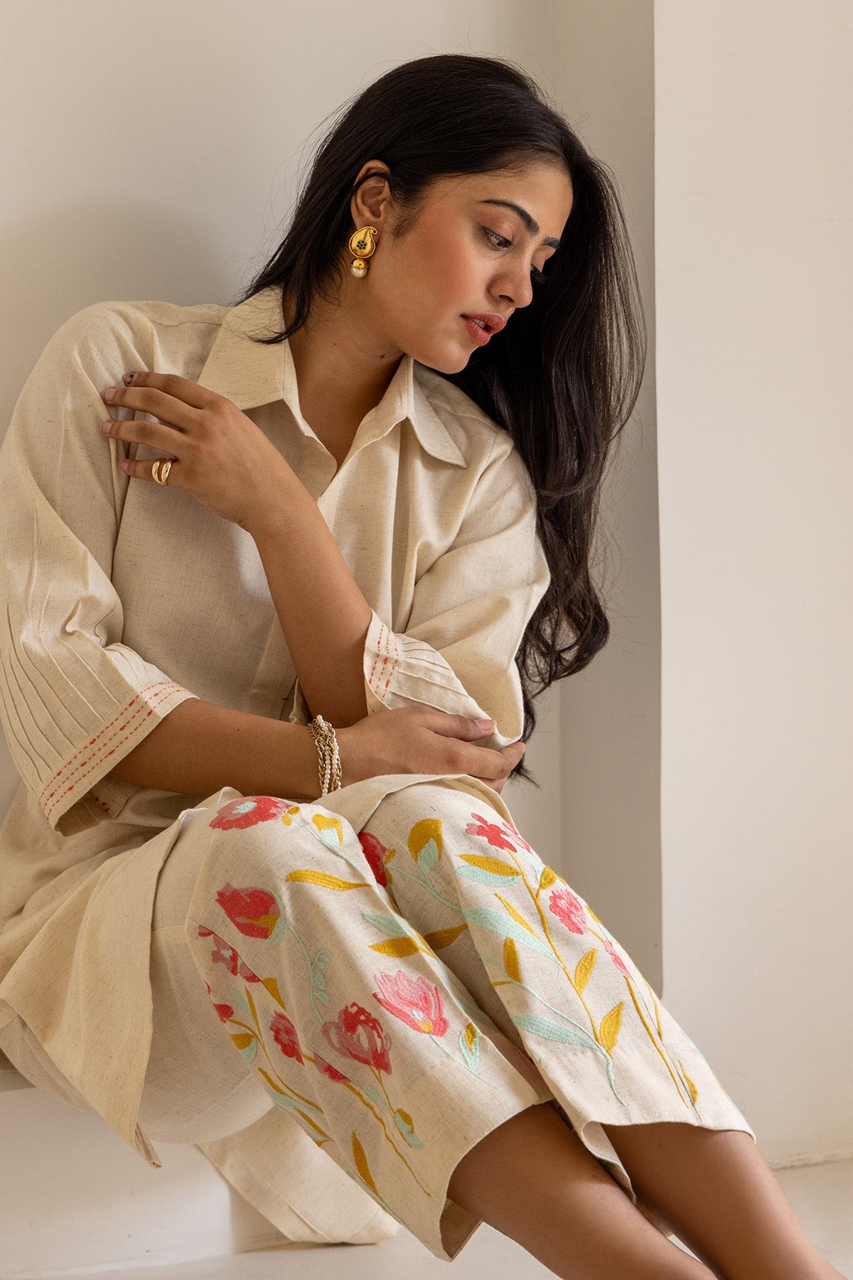 Ivory Cotton Floral Kurta Set