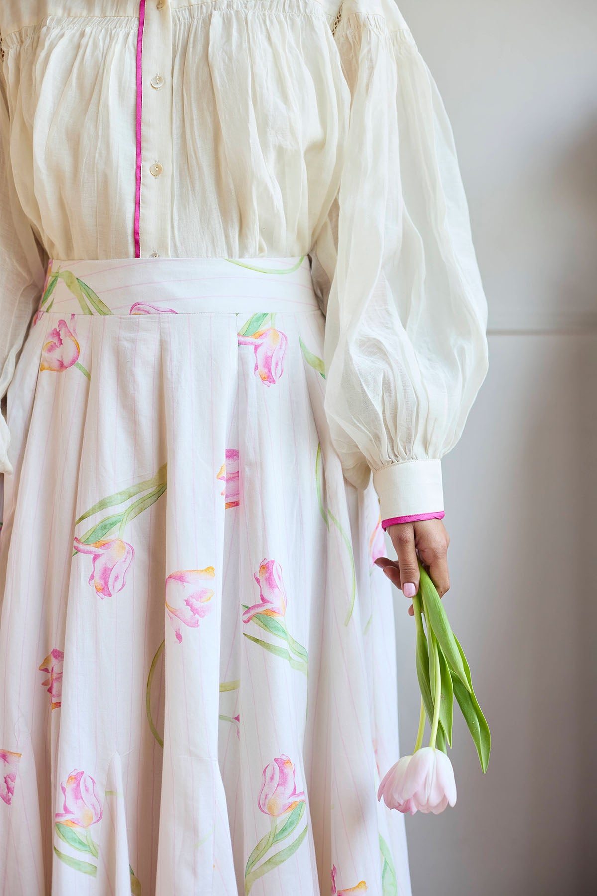 Ivory Cotton Godet Pleated Skirt