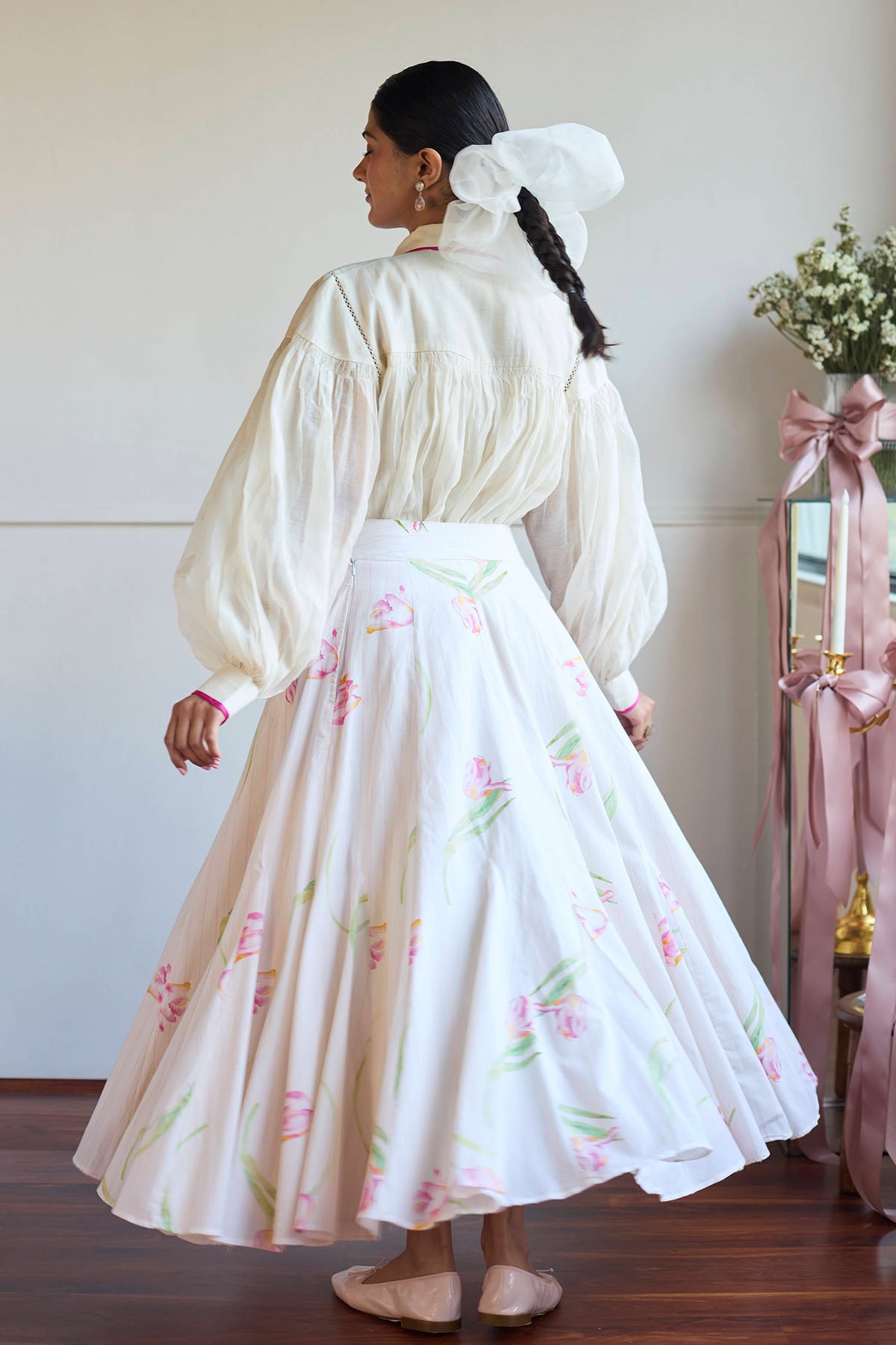 Ivory Cotton Godet Pleated Skirt