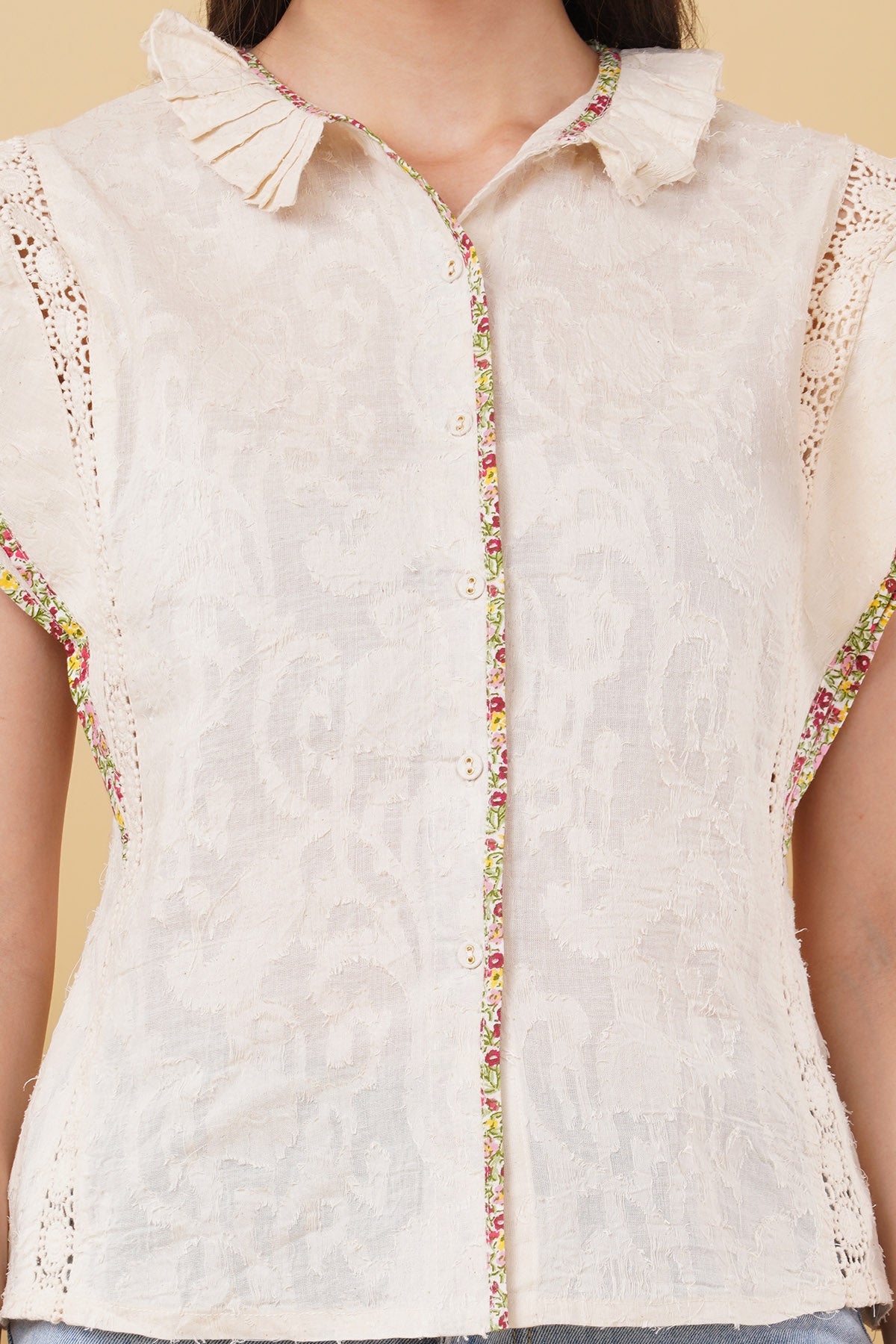 Ivory Cotton Jacquard Frill Shirt