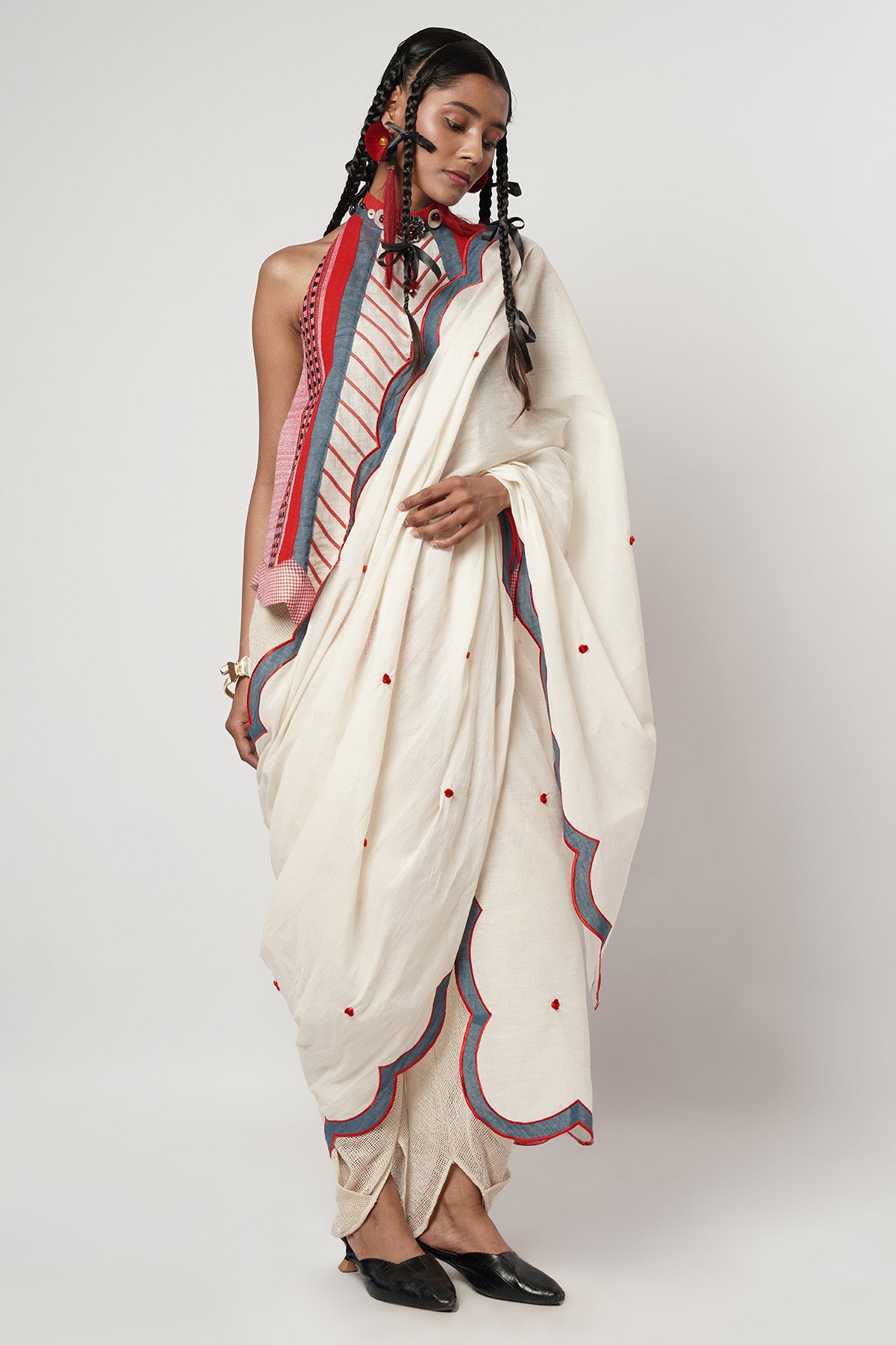 Ivory Cotton Metallic Saree Set