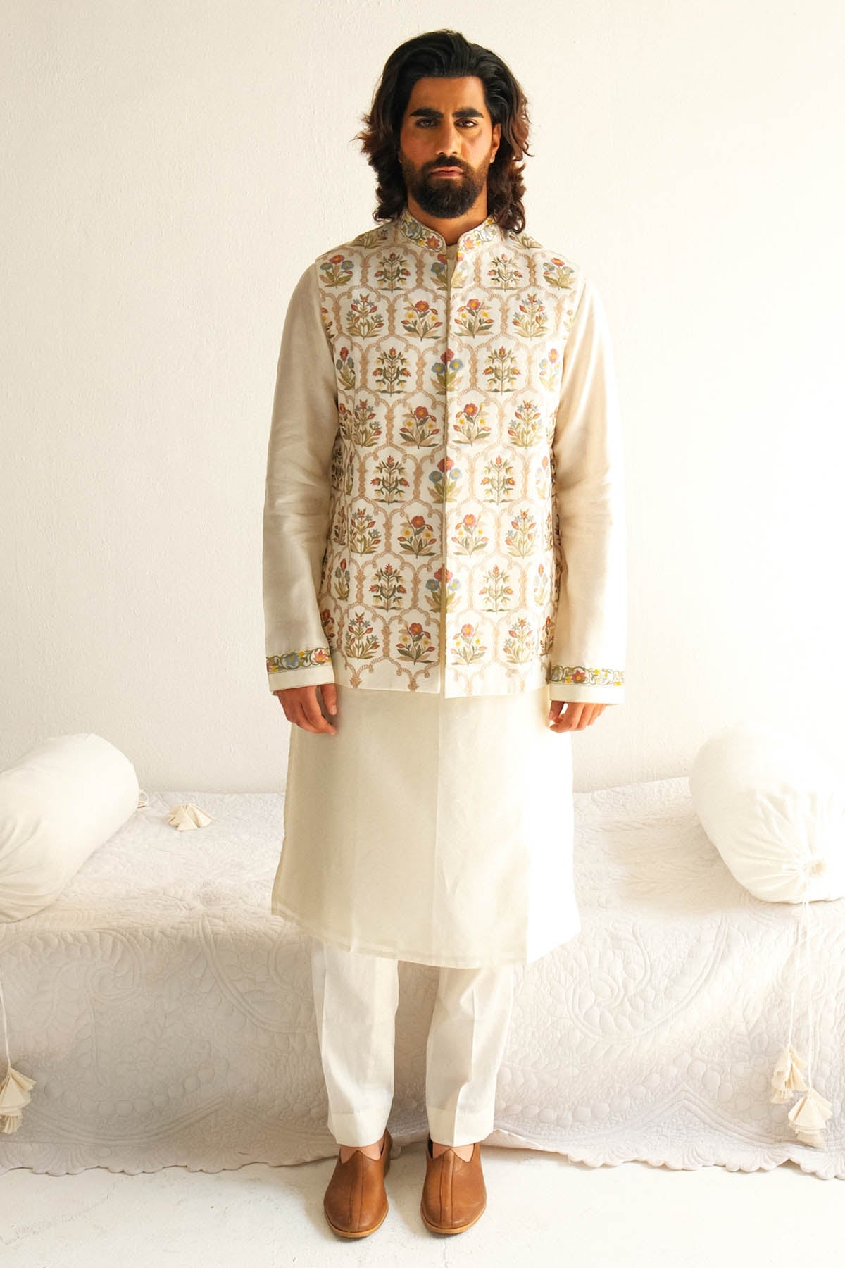 WABI SABI Ivory Cotton Silk Bundi Set for men online at ScrollnShops