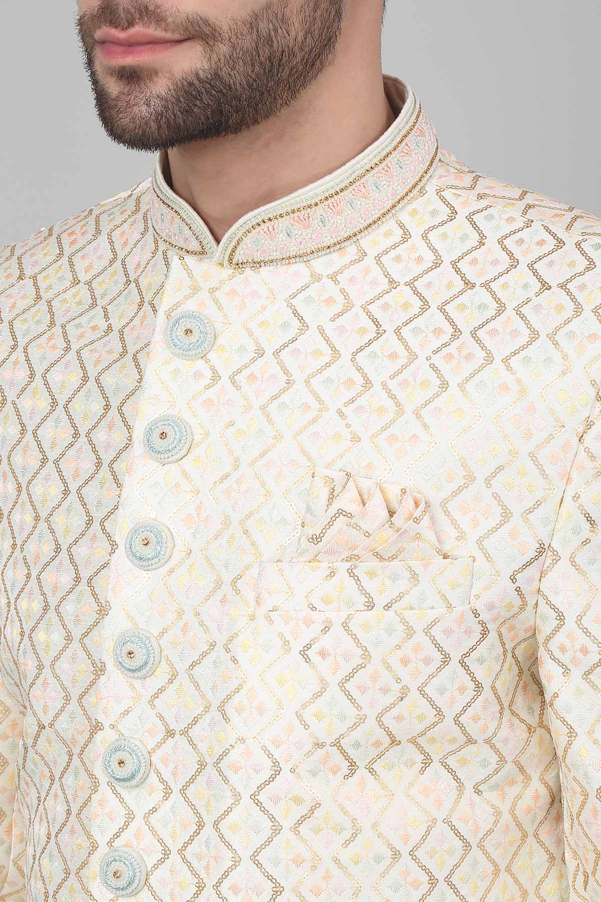 Ivory Cotton Thread Sherwani Set