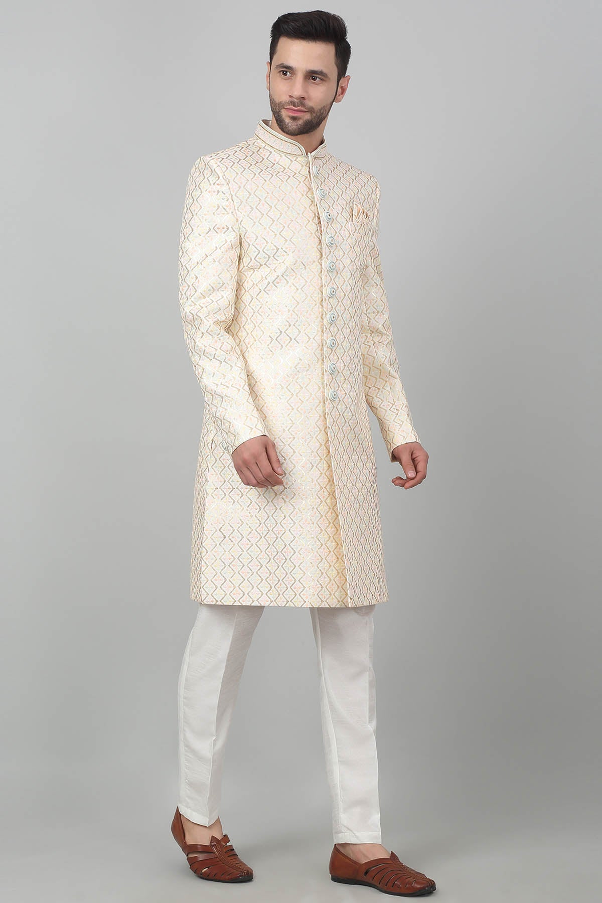 Ivory Cotton Thread Sherwani Set
