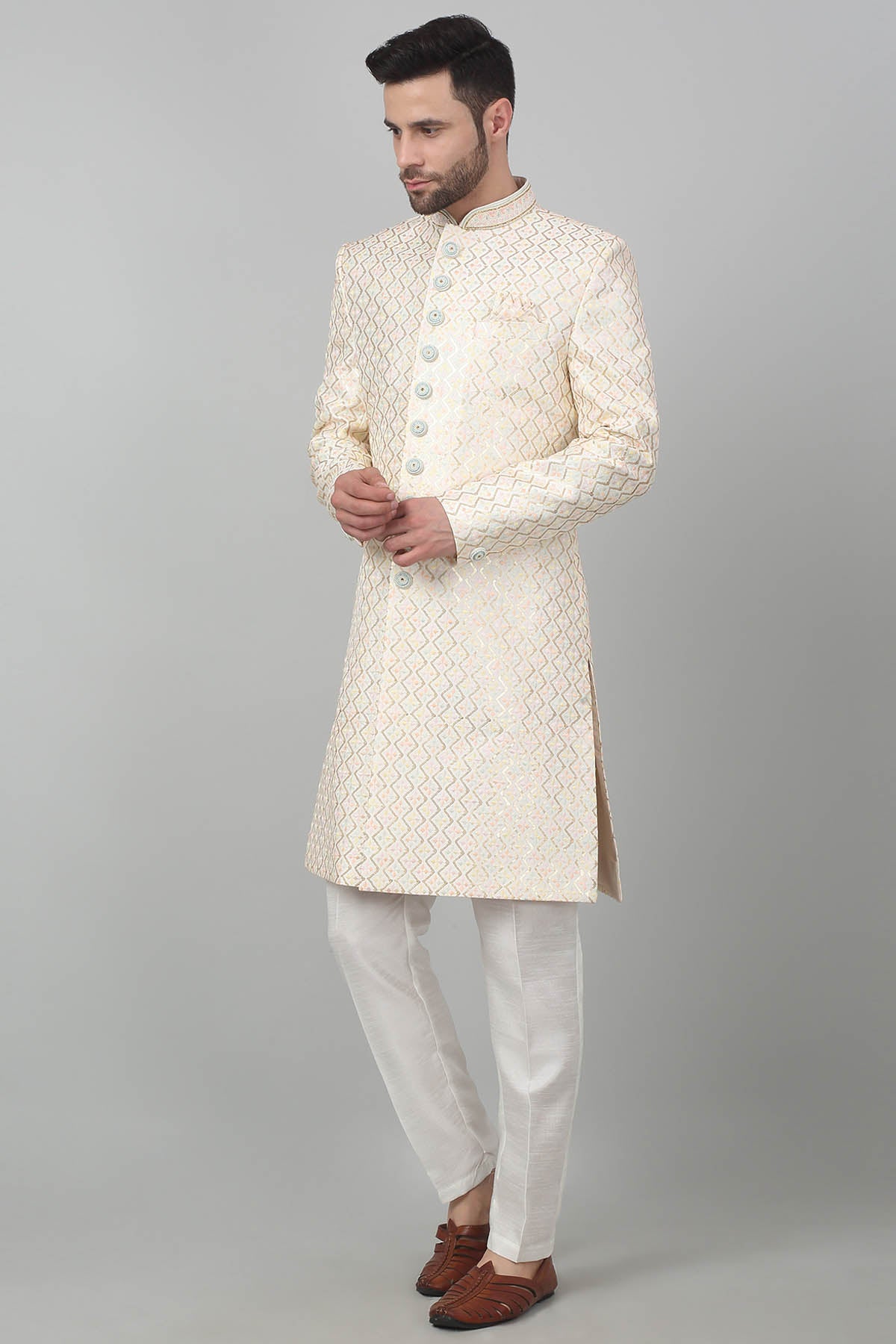 Ivory Cotton Thread Sherwani Set