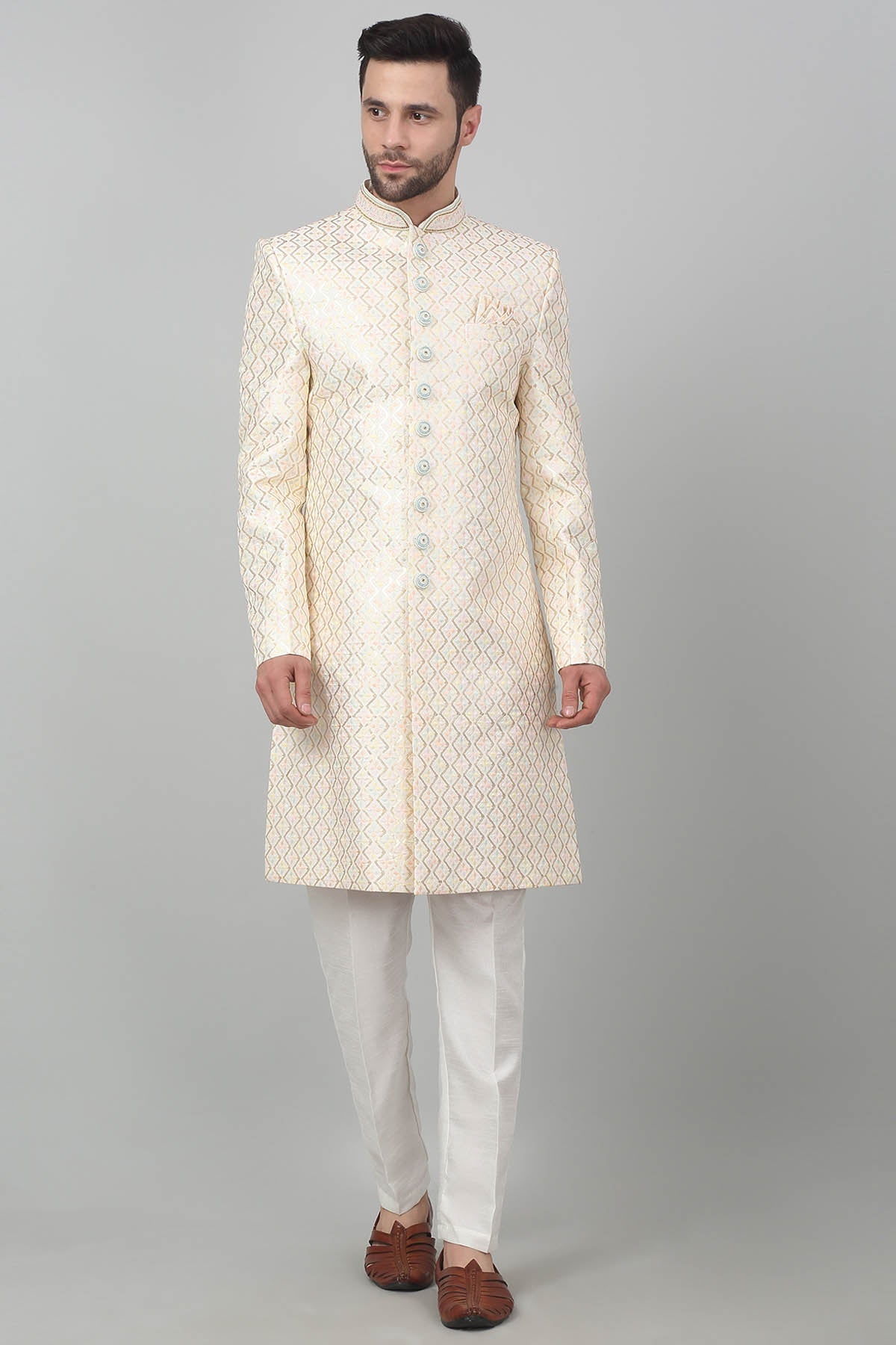 Aham Vayam Ivory Cotton Thread Sherwani Set for men online at ScrollnShops