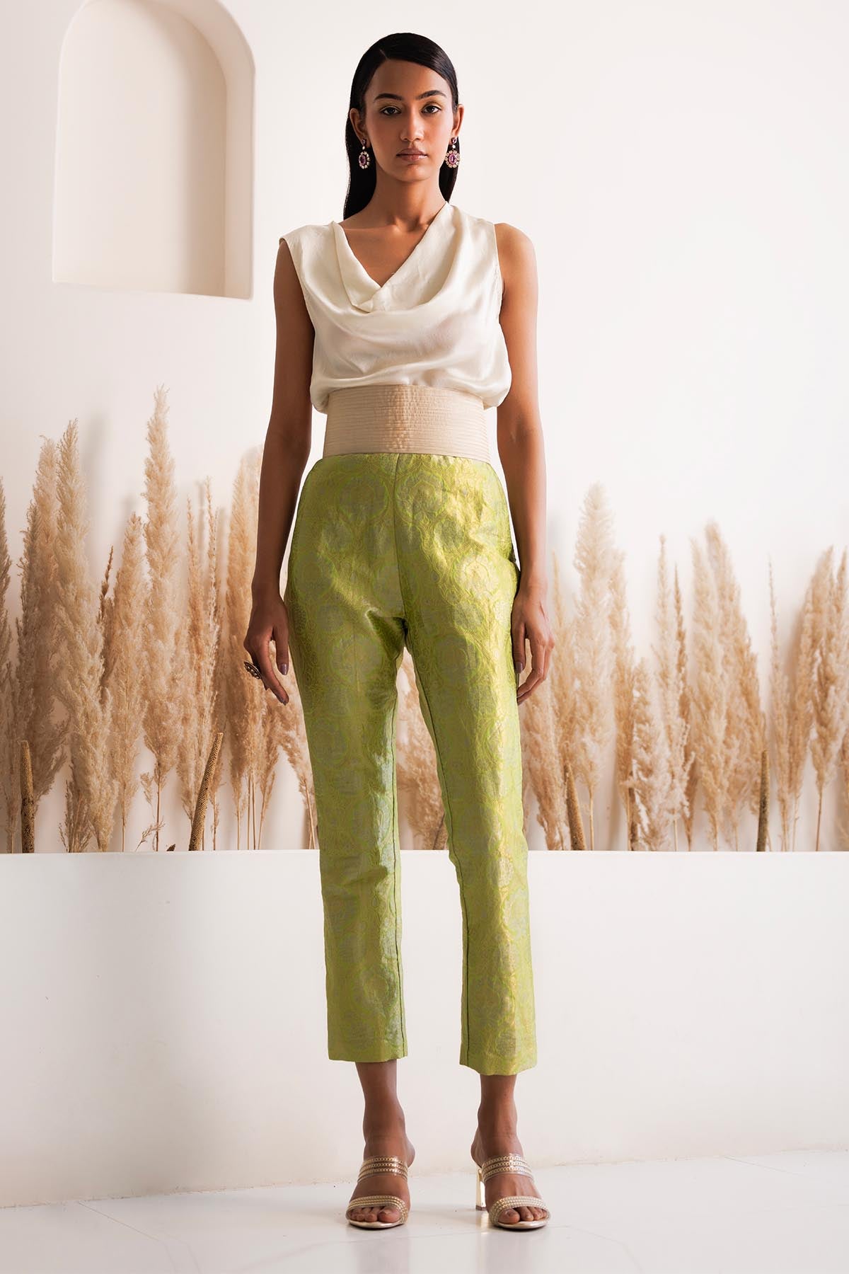 Ivory Cowl Top & Brocade Pants