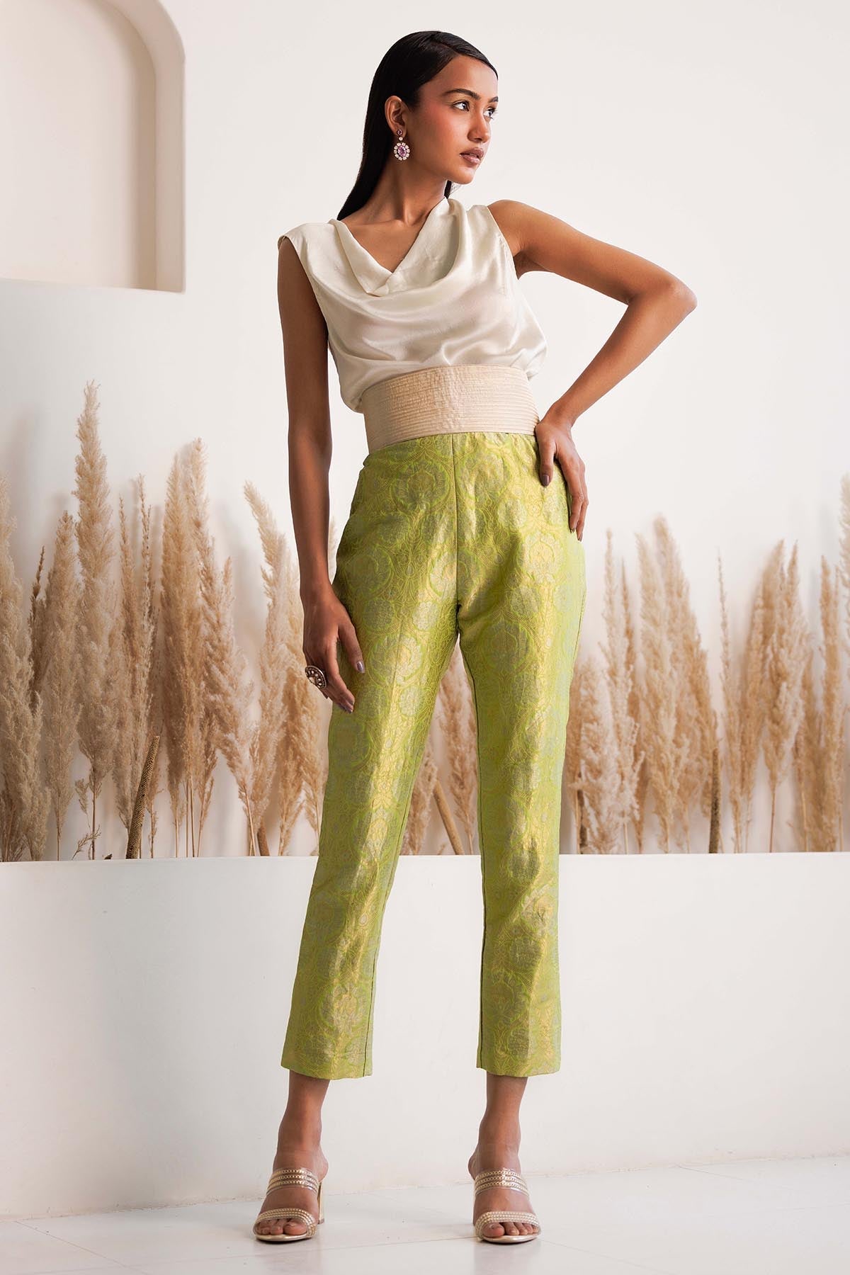 Chhaya Mehrotra Ivory Cowl Top & Brocade Pants for women online at ScrollnShops