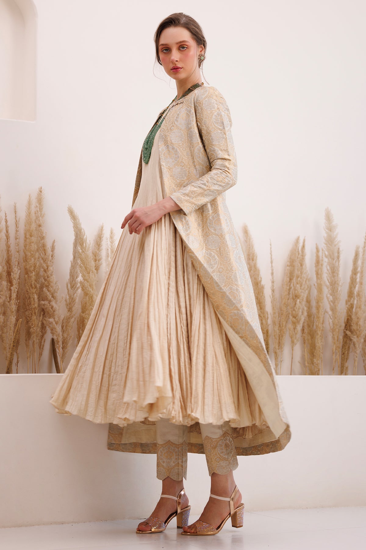 Ivory Crinkled Anarkali Set