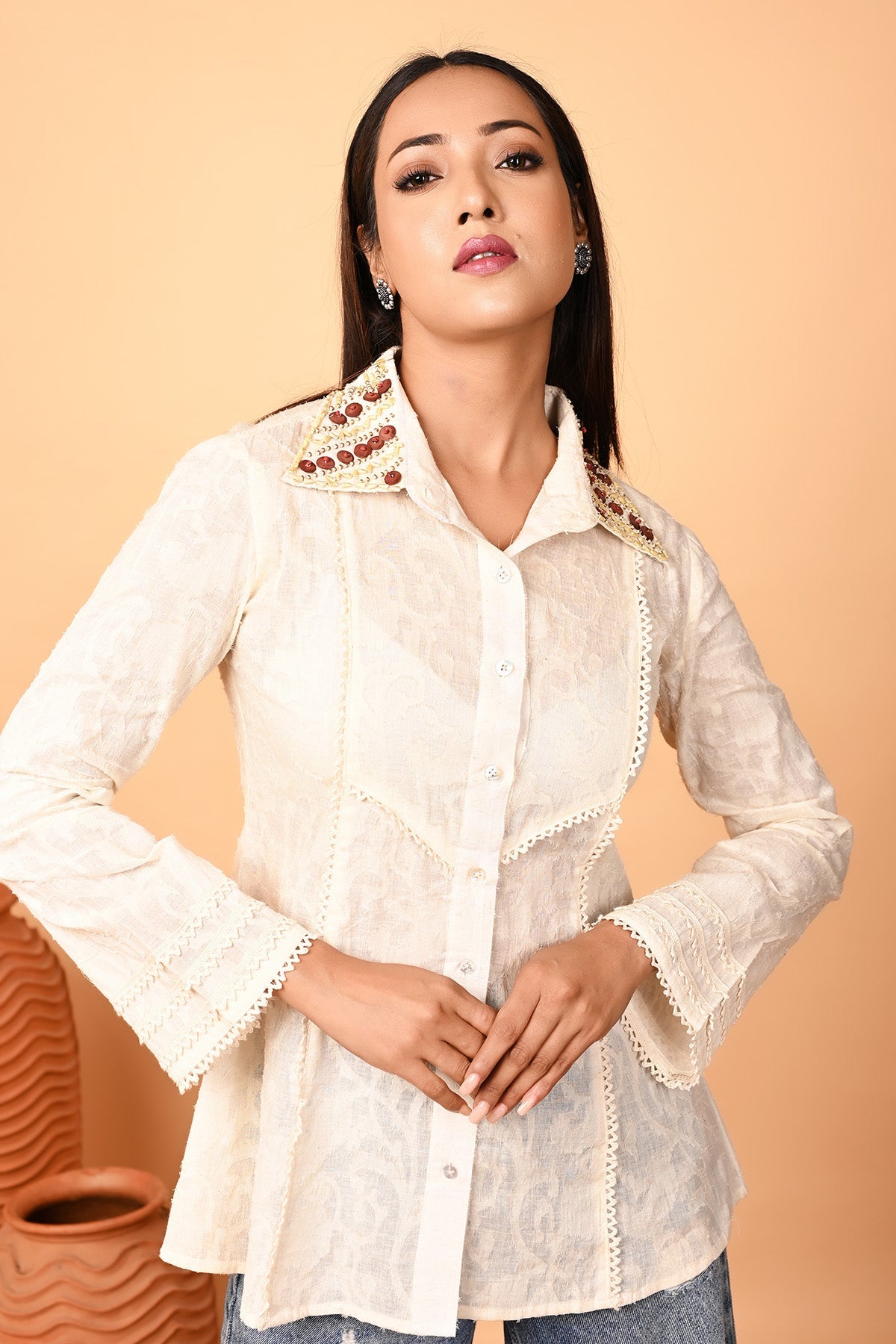 Buy Ivory Crossia Lace Detail Shirt by OSKOS for women online at ScrollnShops