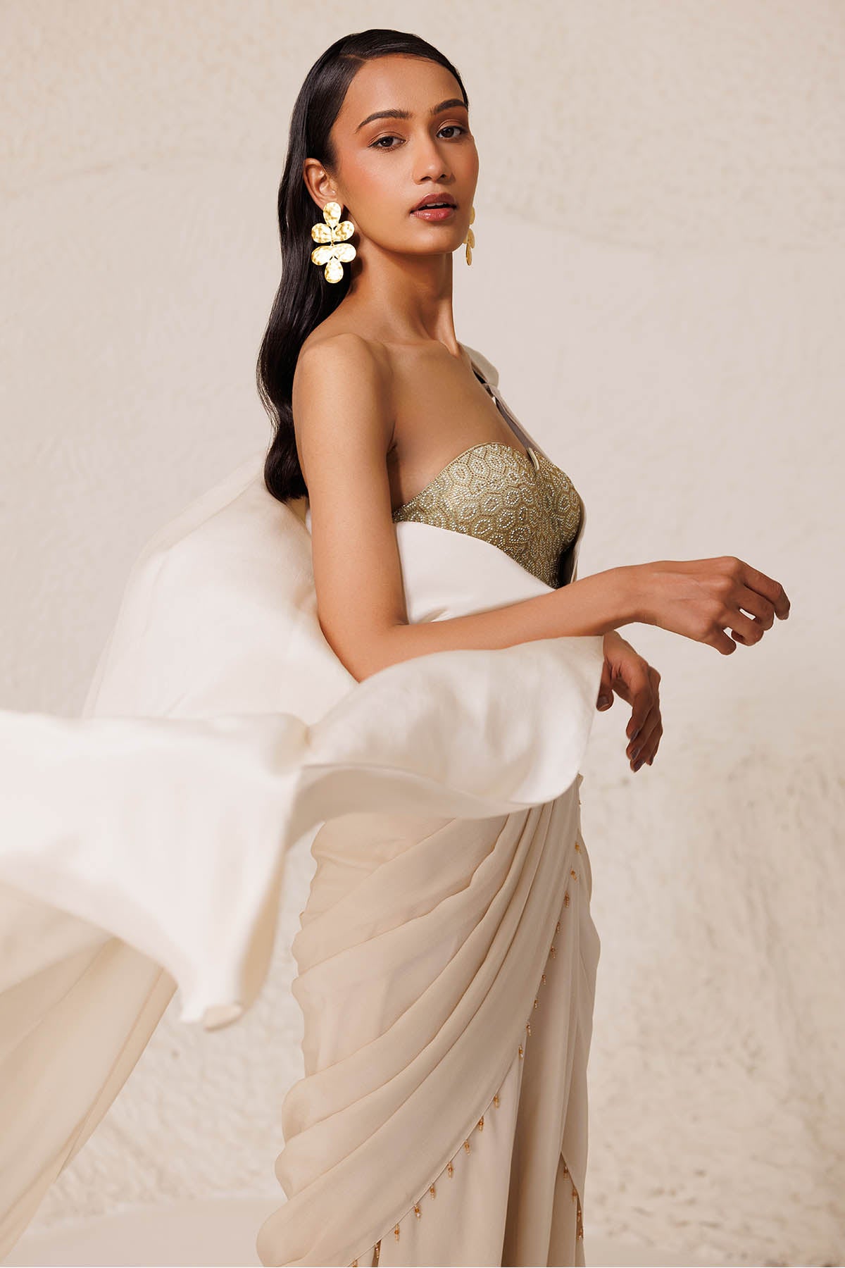 Ivory Crystal Embellished Saree