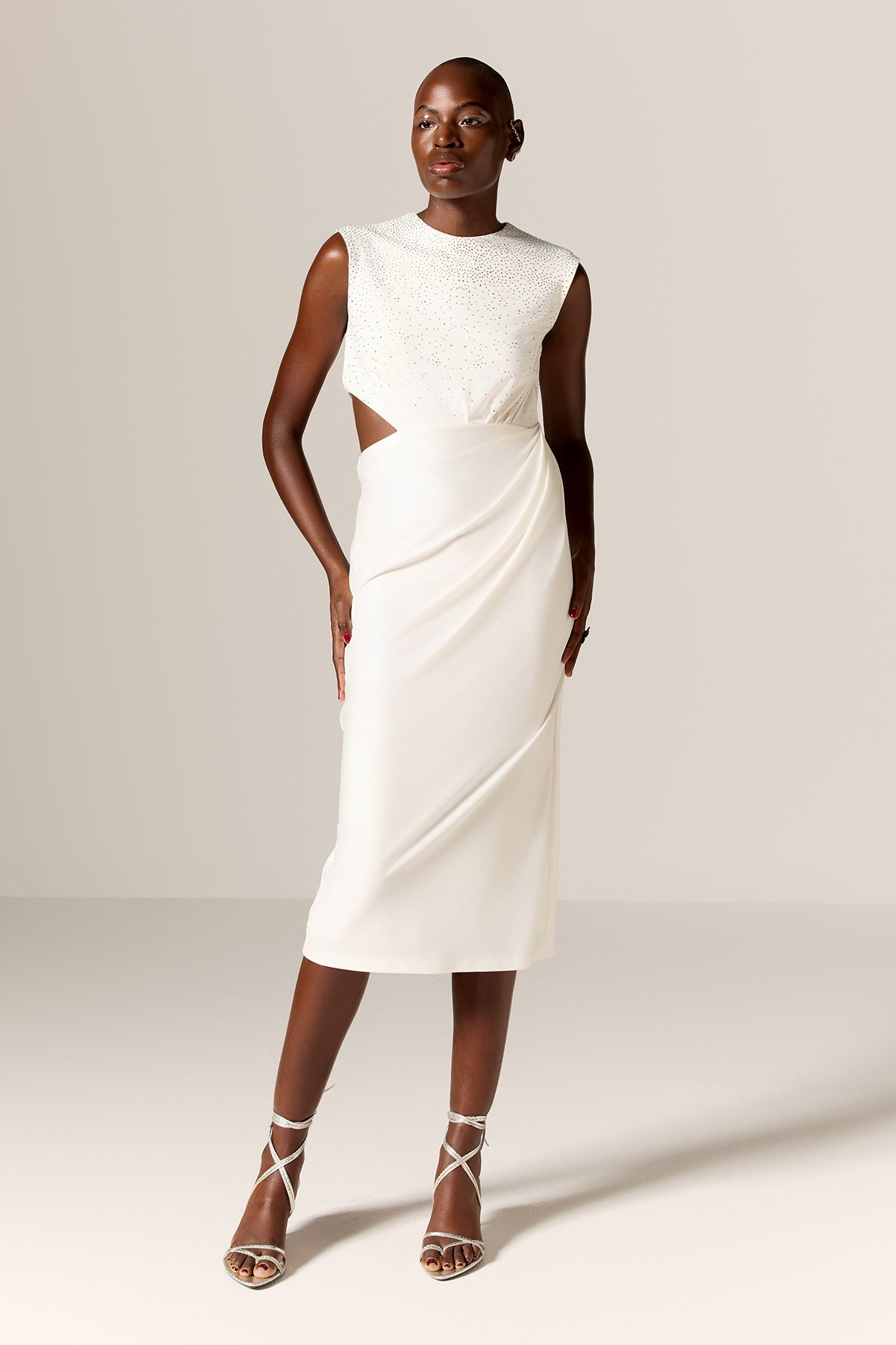 Buy Ivory Cut-Out Draped Midi Dress by Manika Nanda for Women online at ScrollnShops