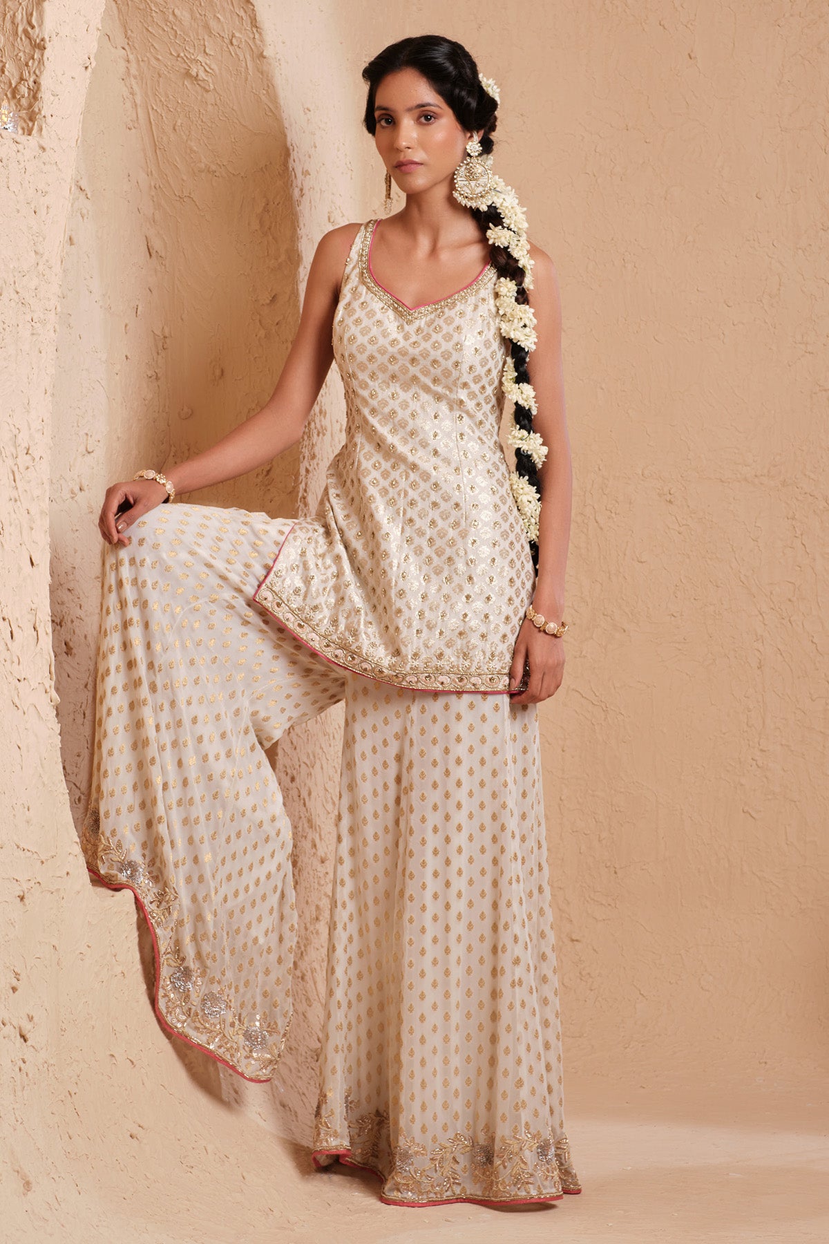 Ivory Dabka Work Sharara Set