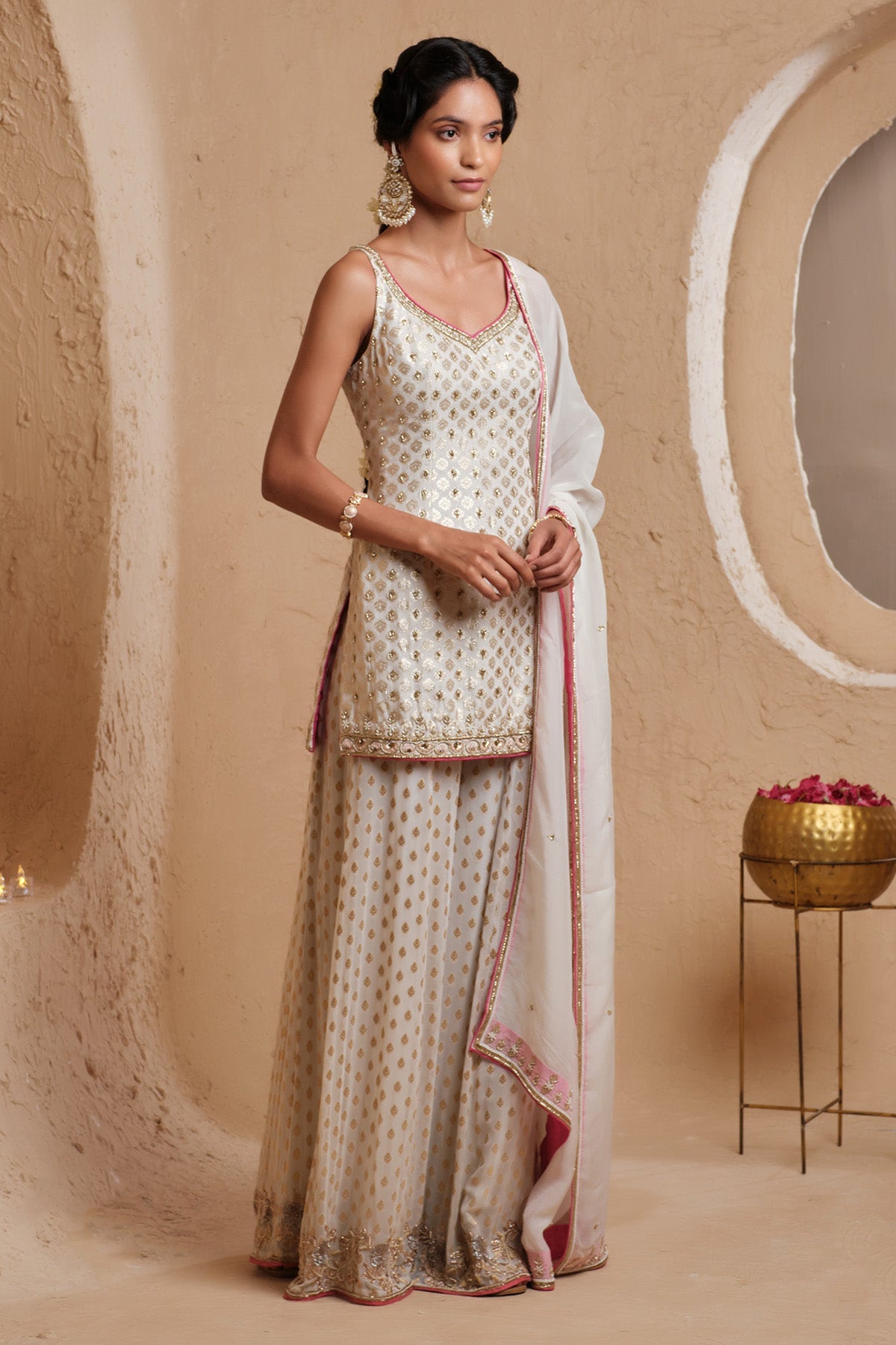 Buy Ivory Dabka Work Sharara Set for women online available at Scrollnshops 