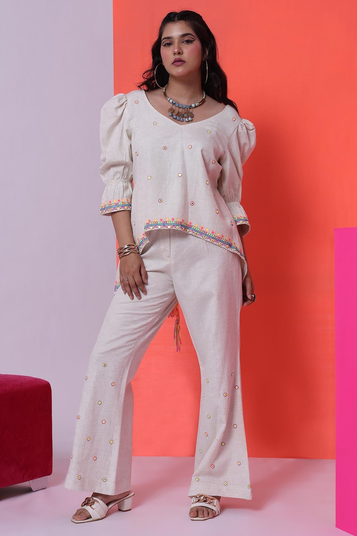 The House Of Shes Ivory Deep V-Neck Co-ord Set for women online at ScrollnShops