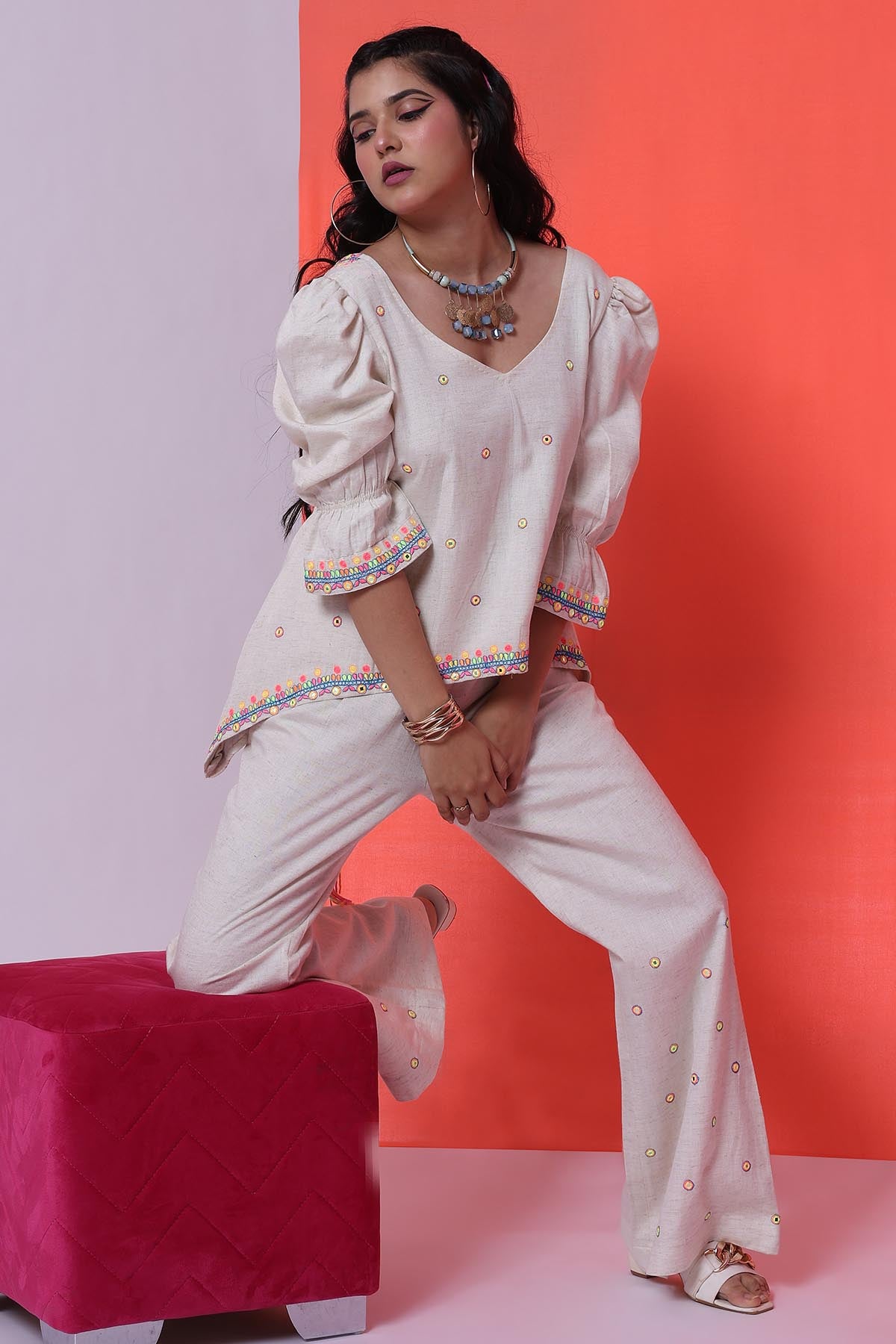 Ivory Deep V-Neck Co-ord Set