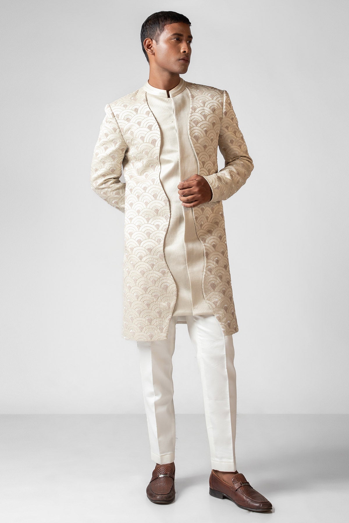 Ivory Double Paneled Achkan Set