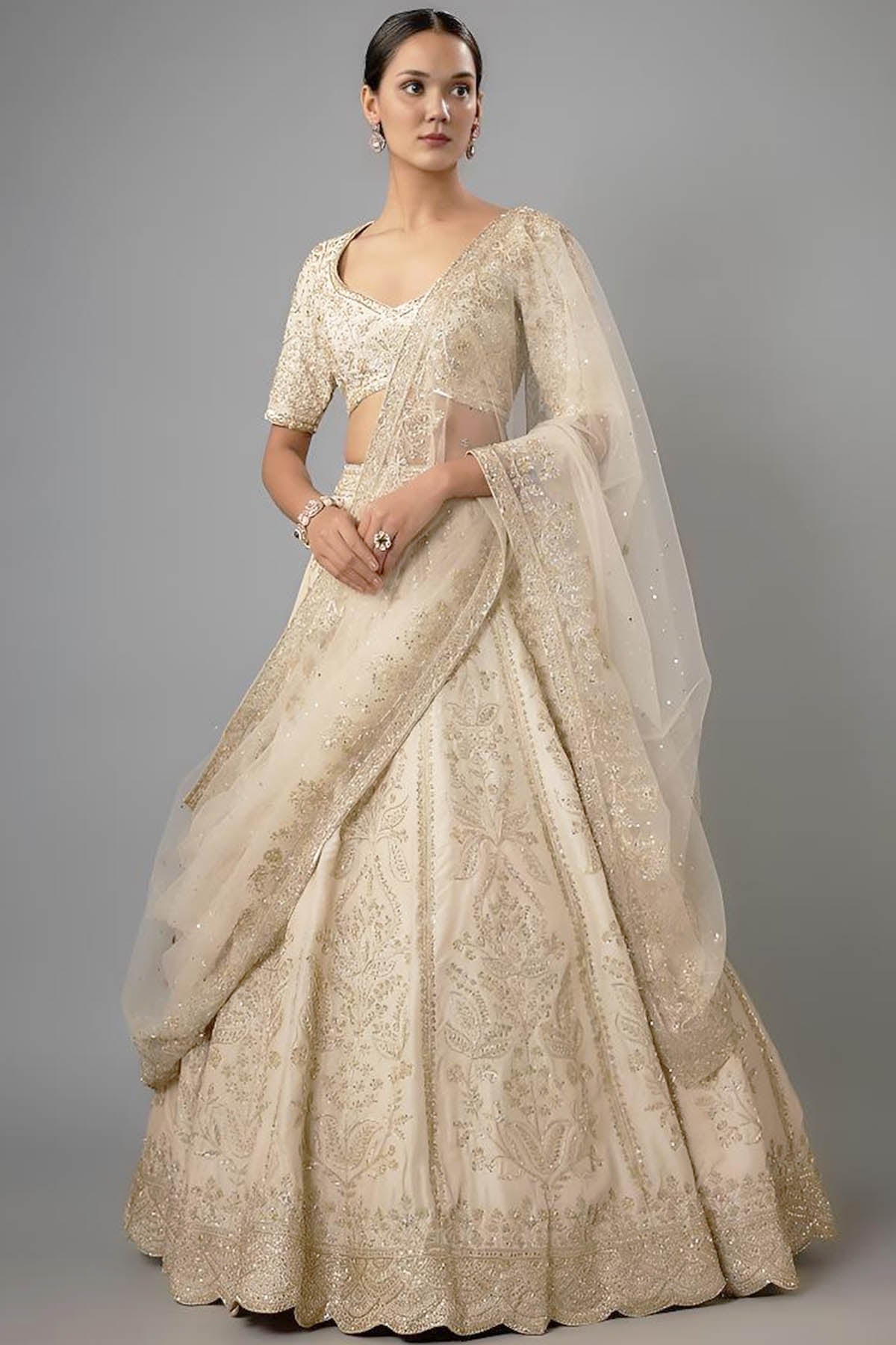 Buy Ivory Dupion Zardozi Lehenga Set by Shlok Design for women online at ScrollnShops