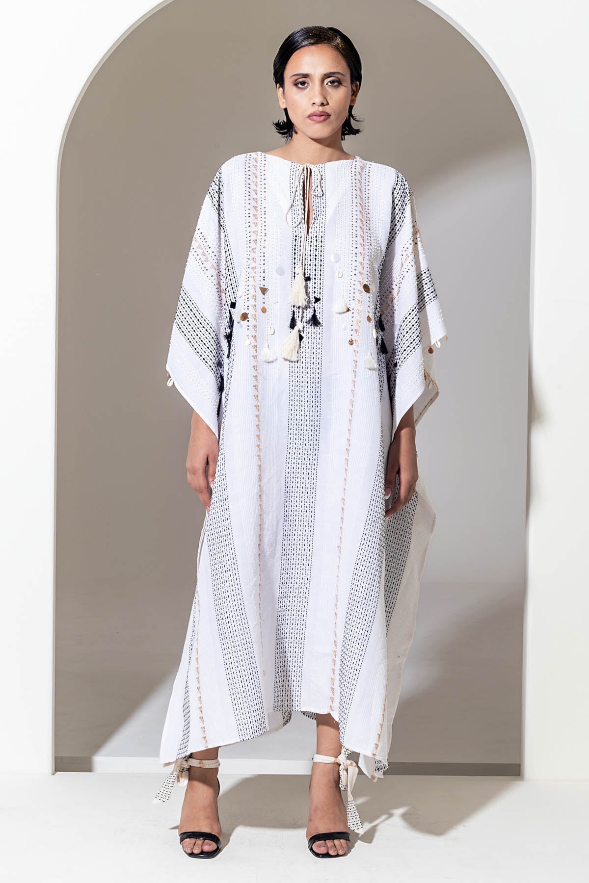 Designer Kusmi Coastal Charm: Handwoven Cotton Kaftan with Seashell Details For Women at ScrollnShops