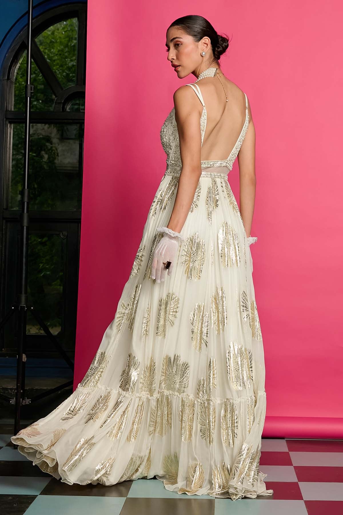 Ivory Embroidered Deep Neck Gown