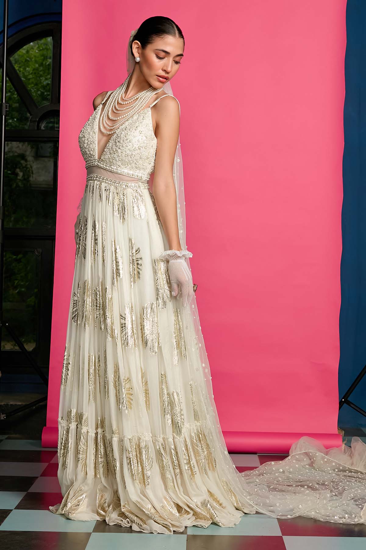 Ivory Embroidered Deep Neck Gown