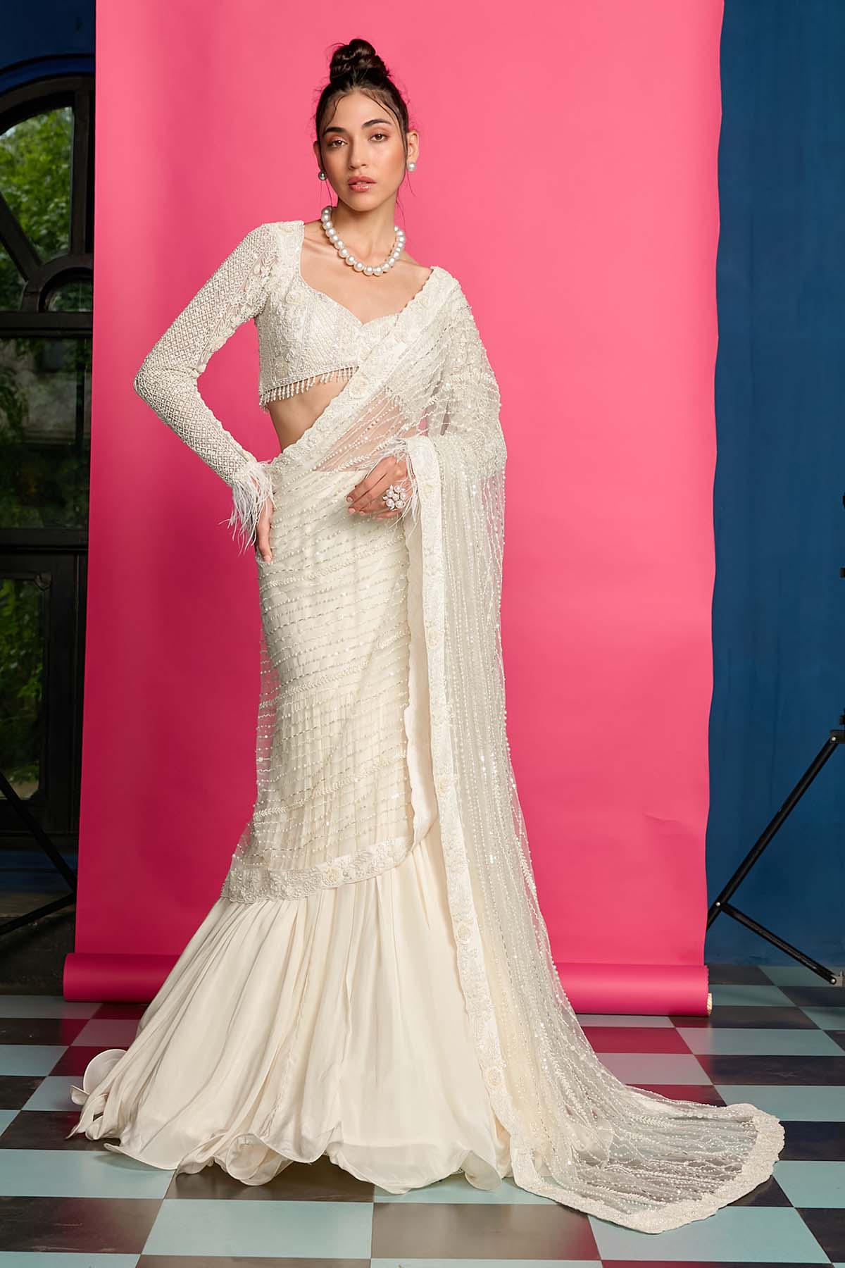 Priyanka Jain Ivory Embroidered Drape Skirt Set for women online at ScrollnShops