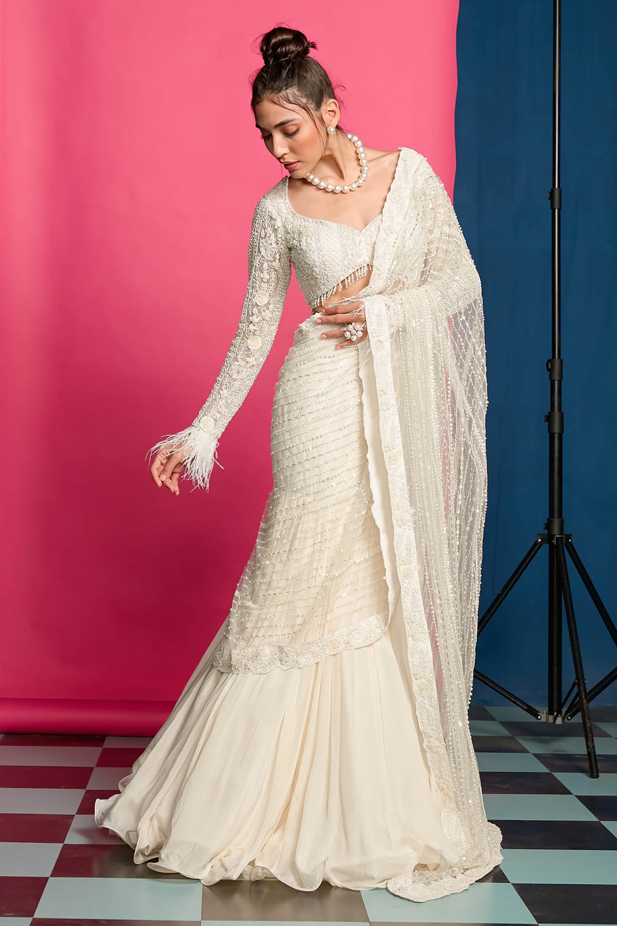 Ivory Embroidered Drape Skirt Set