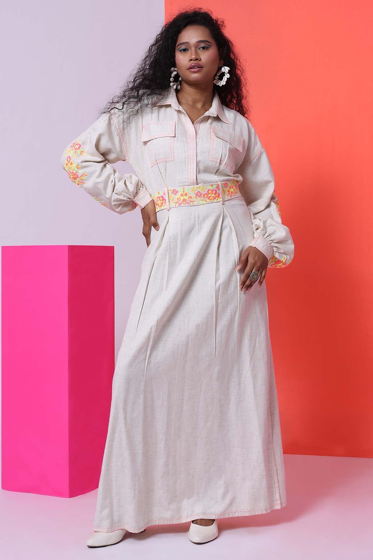 The House Of Shes Ivory Embroidered Dress & Belt for women online at ScrollnShops