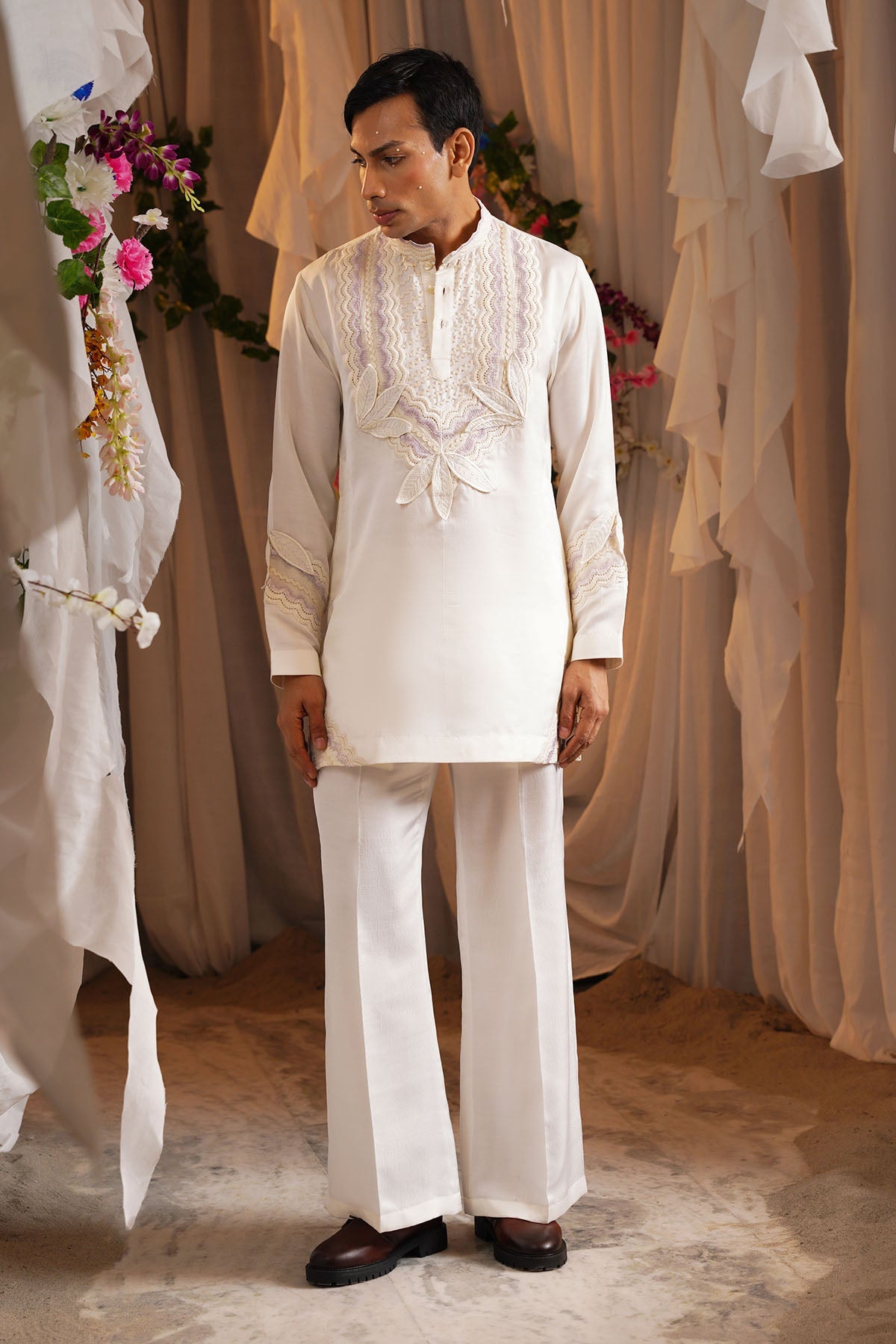 Buy Ivory Embroidered Lace Kurta Set by Shwetanga for men online at ScrollnShops