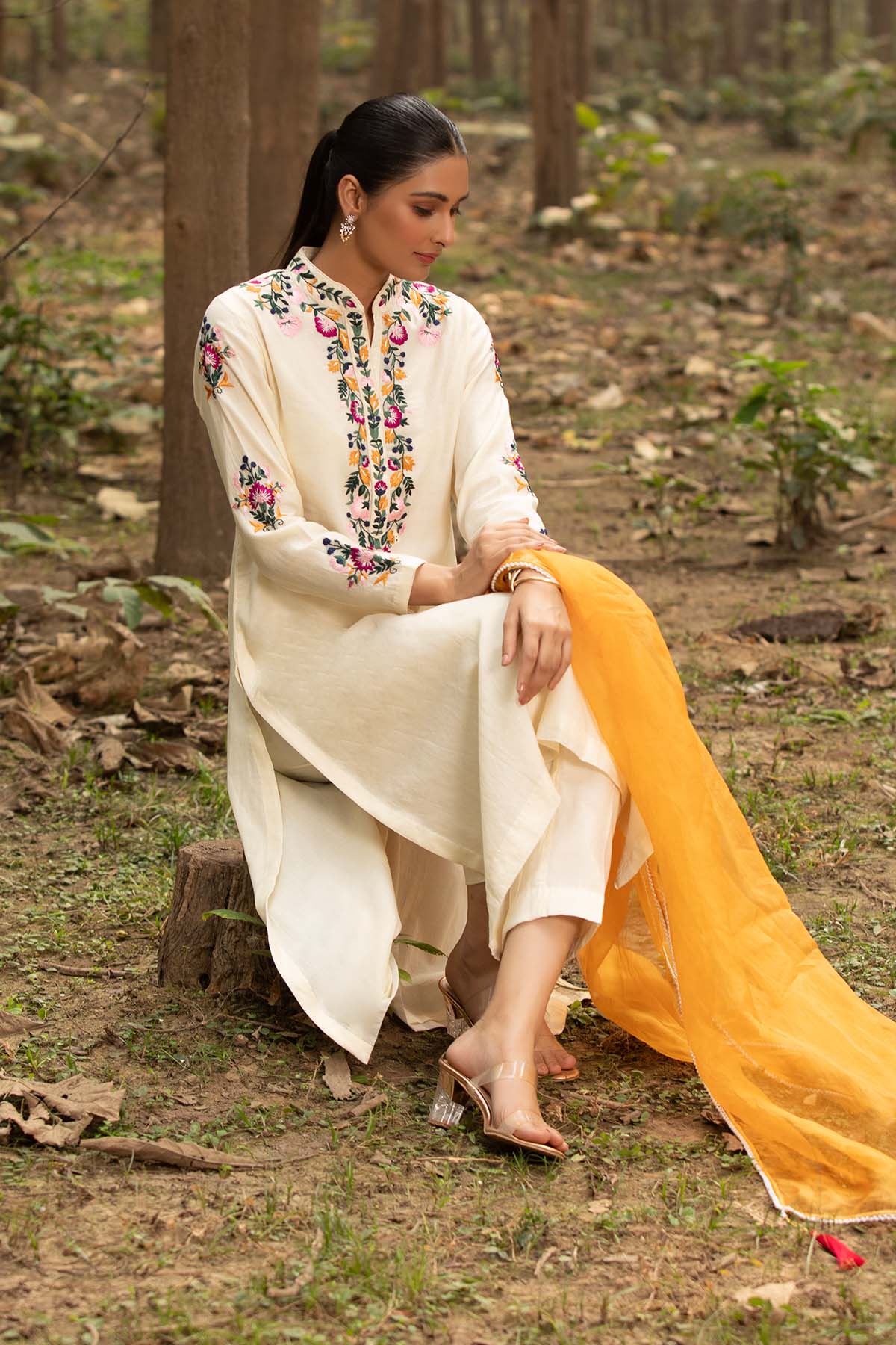 Ivory Embroidered Long Kurta Set