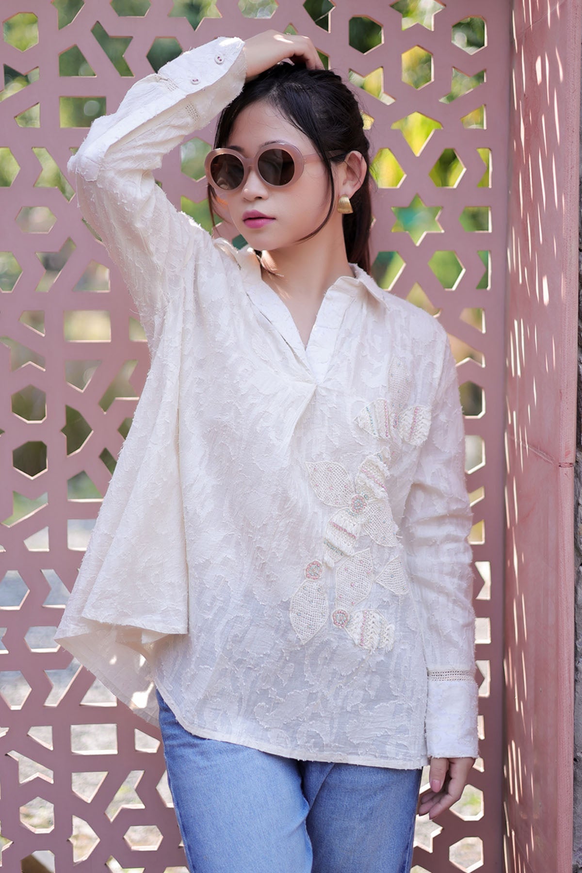 Buy Ivory Embroidered Oversized Top by OSKOS for women online at ScrollnShops