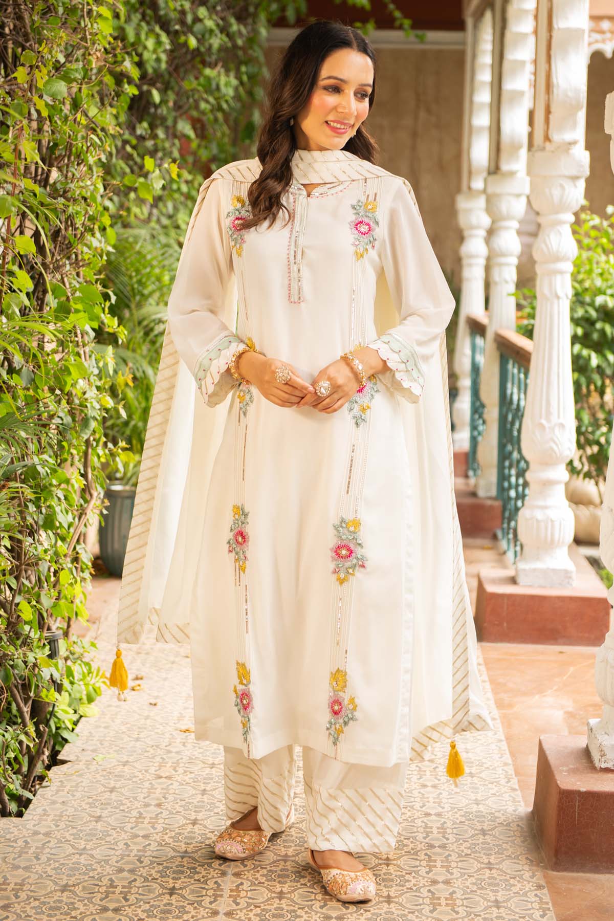 Ajiesh Oberoi Ivory Embroidered Palazzo Set for women online at ScrollnShops
