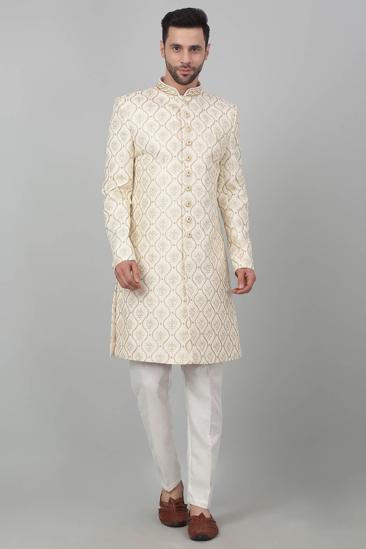 Aham Vayam Ivory Embroidered Sherwani Set for men online at ScrollnShops