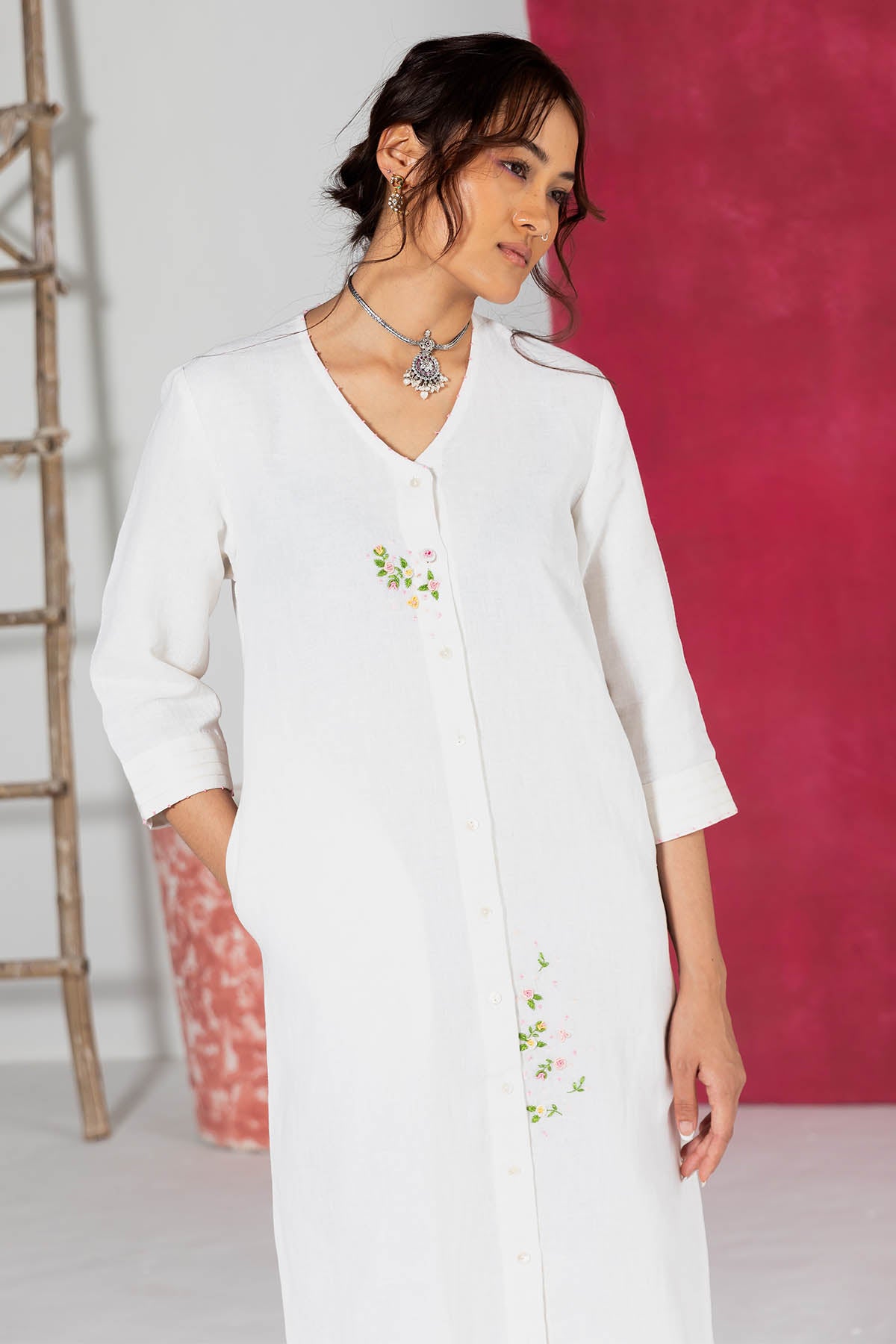 Ivory Embroidered Shirt Dress