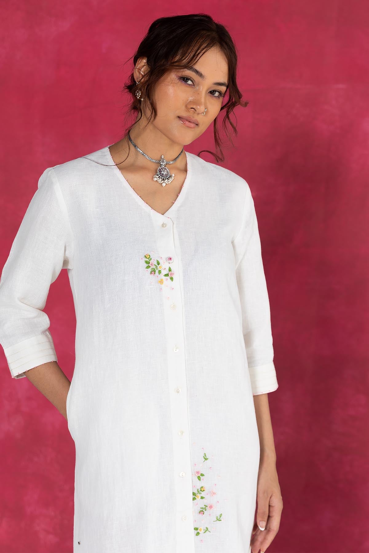 Ivory Embroidered Shirt Dress