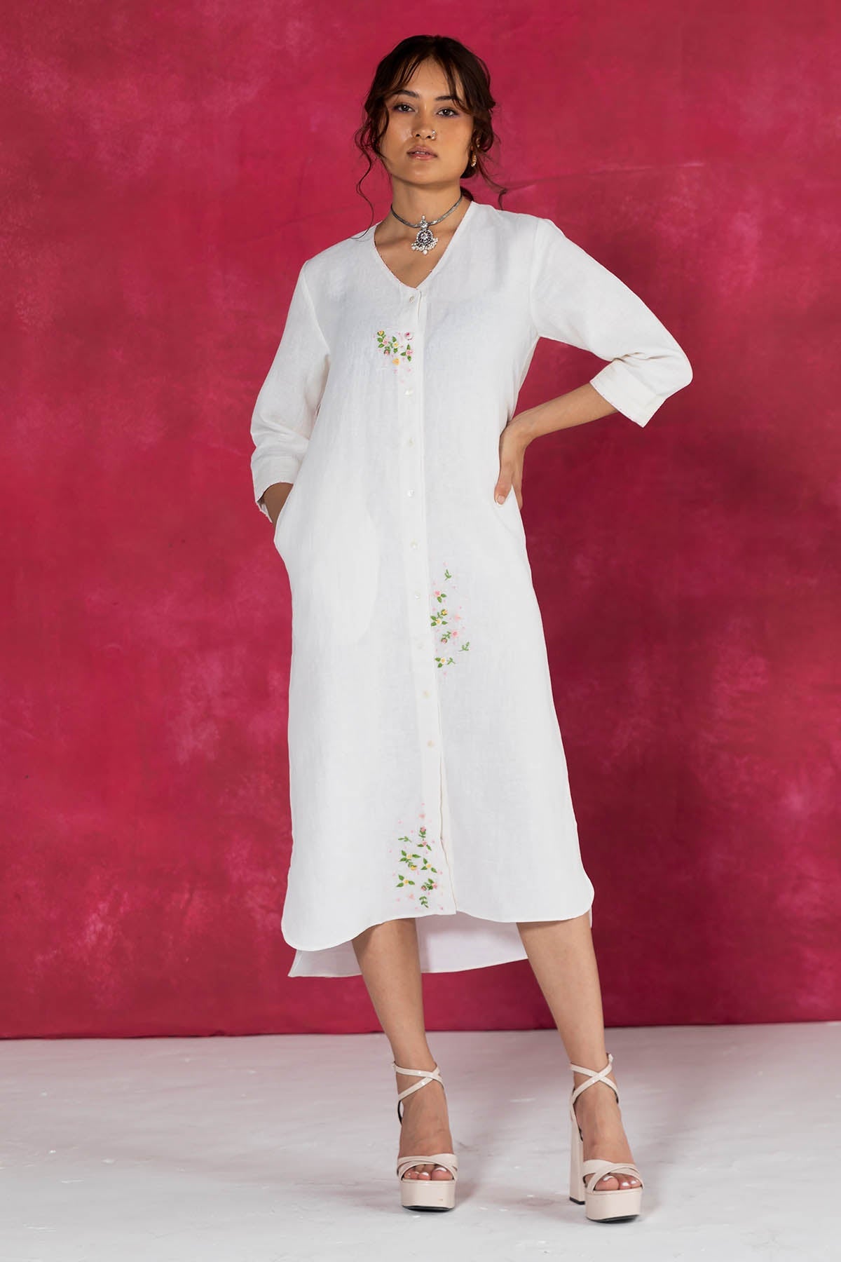 Buy Designer Ivory Embroidered Shirt Dress Online