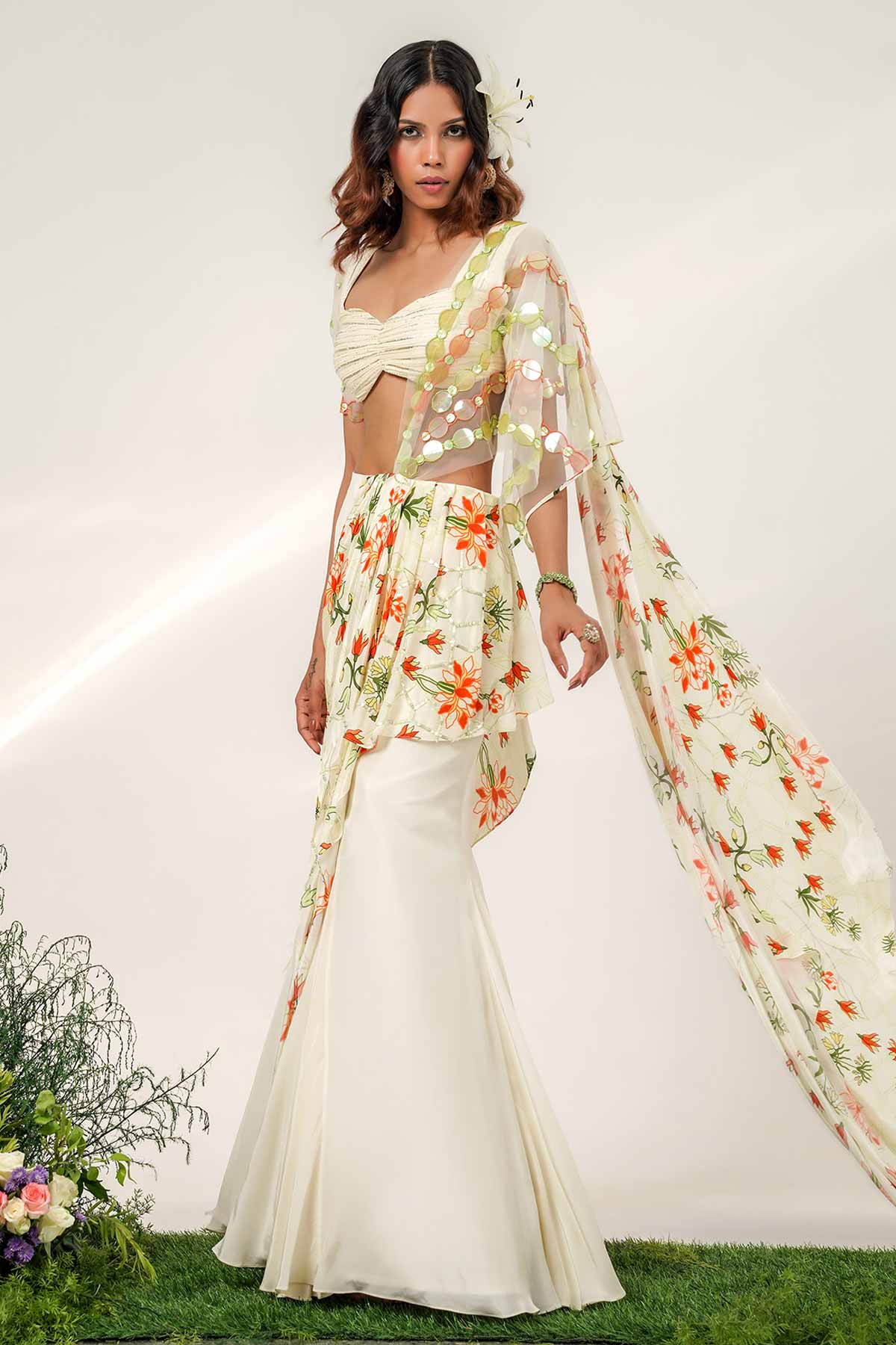 Ivory Fish Cut Drape Saree Set