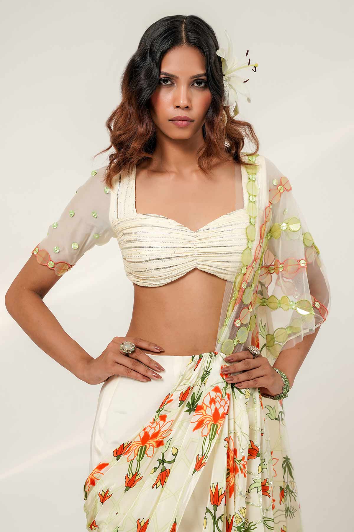 Ivory Fish Cut Drape Saree Set