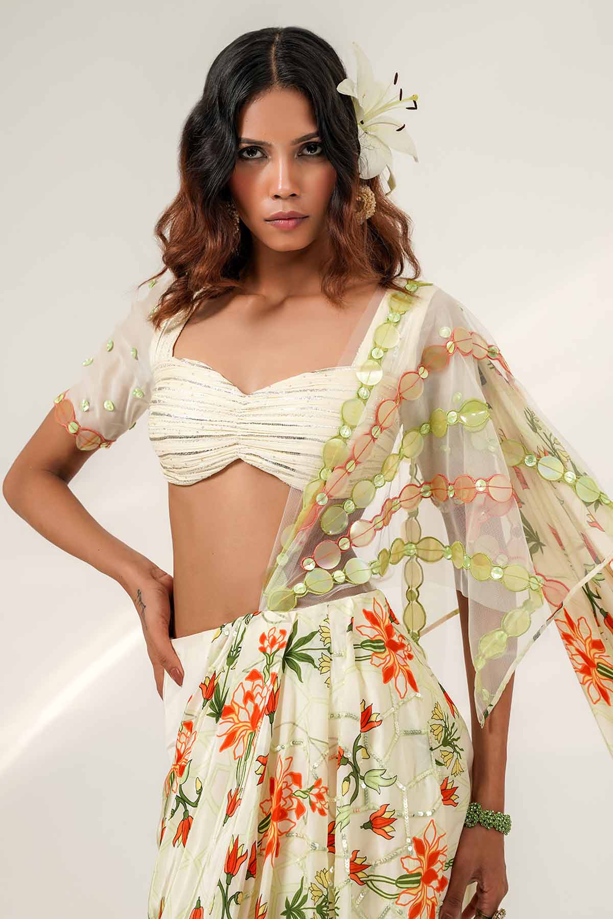 Ivory Fish Cut Drape Saree Set