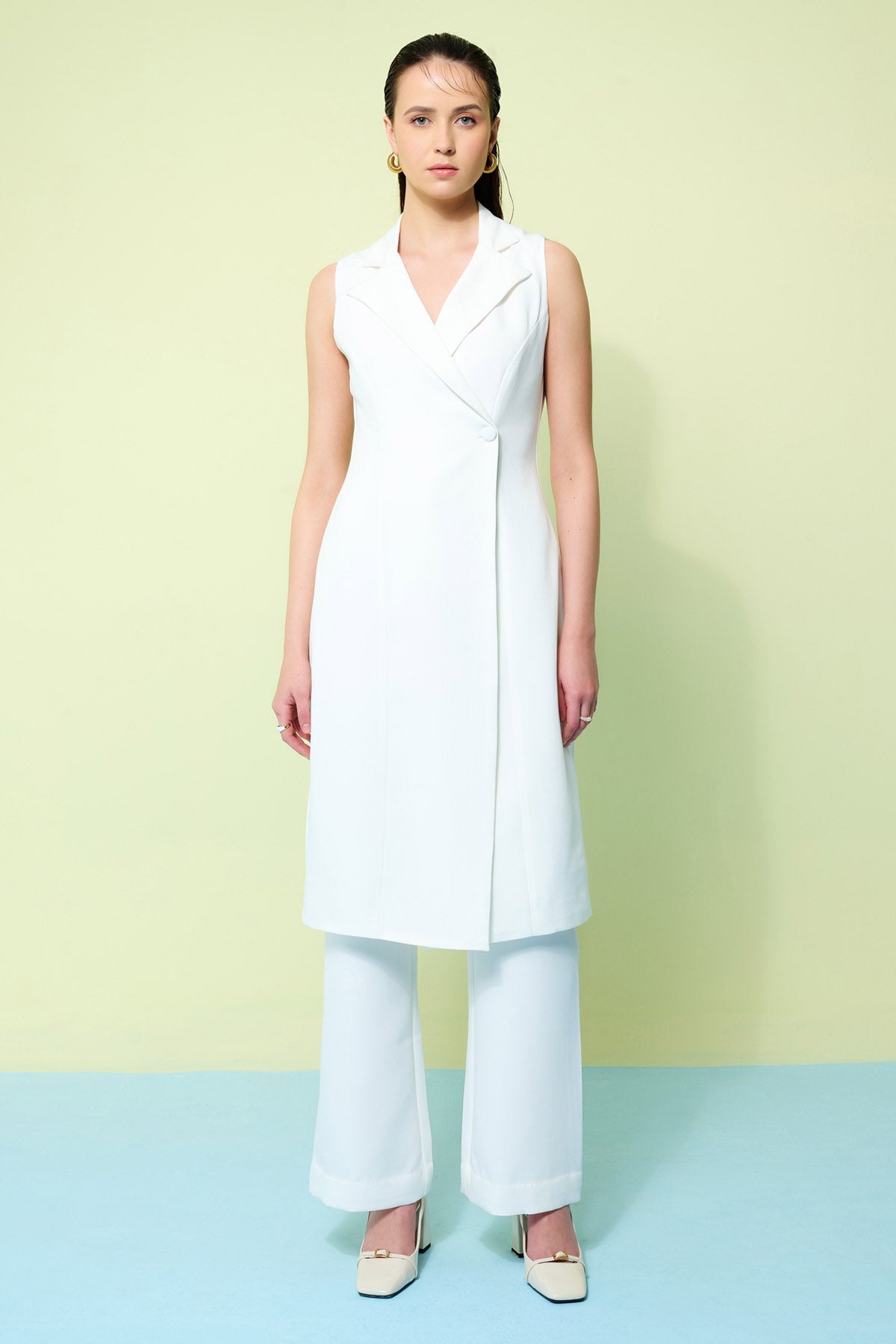 Vanten Ivory Flap Collar Coat & Pants for women online at ScrollnShops