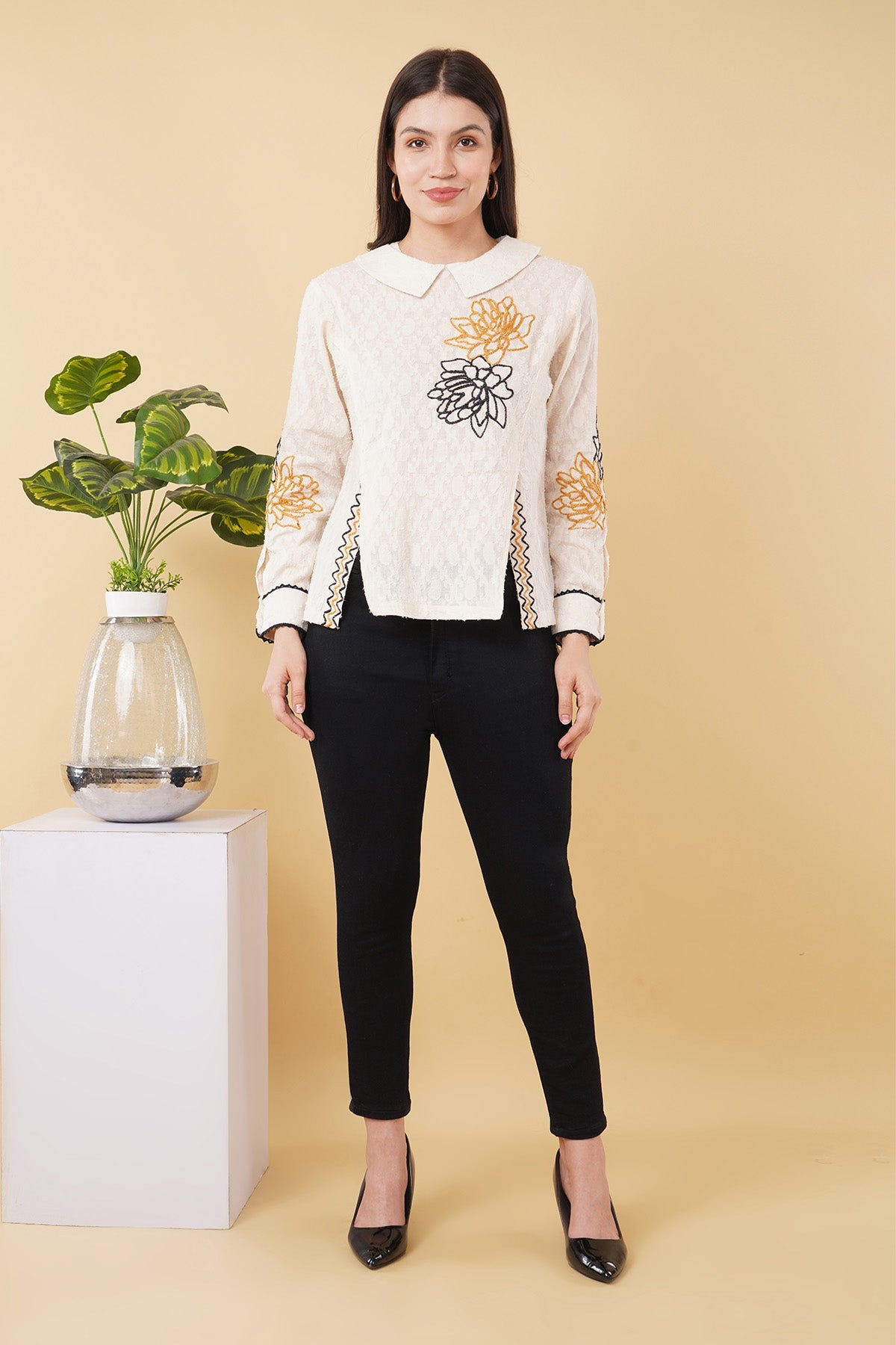 Buy Ivory Floral Embroidered Top by OSKOS for women online at ScrollnShops