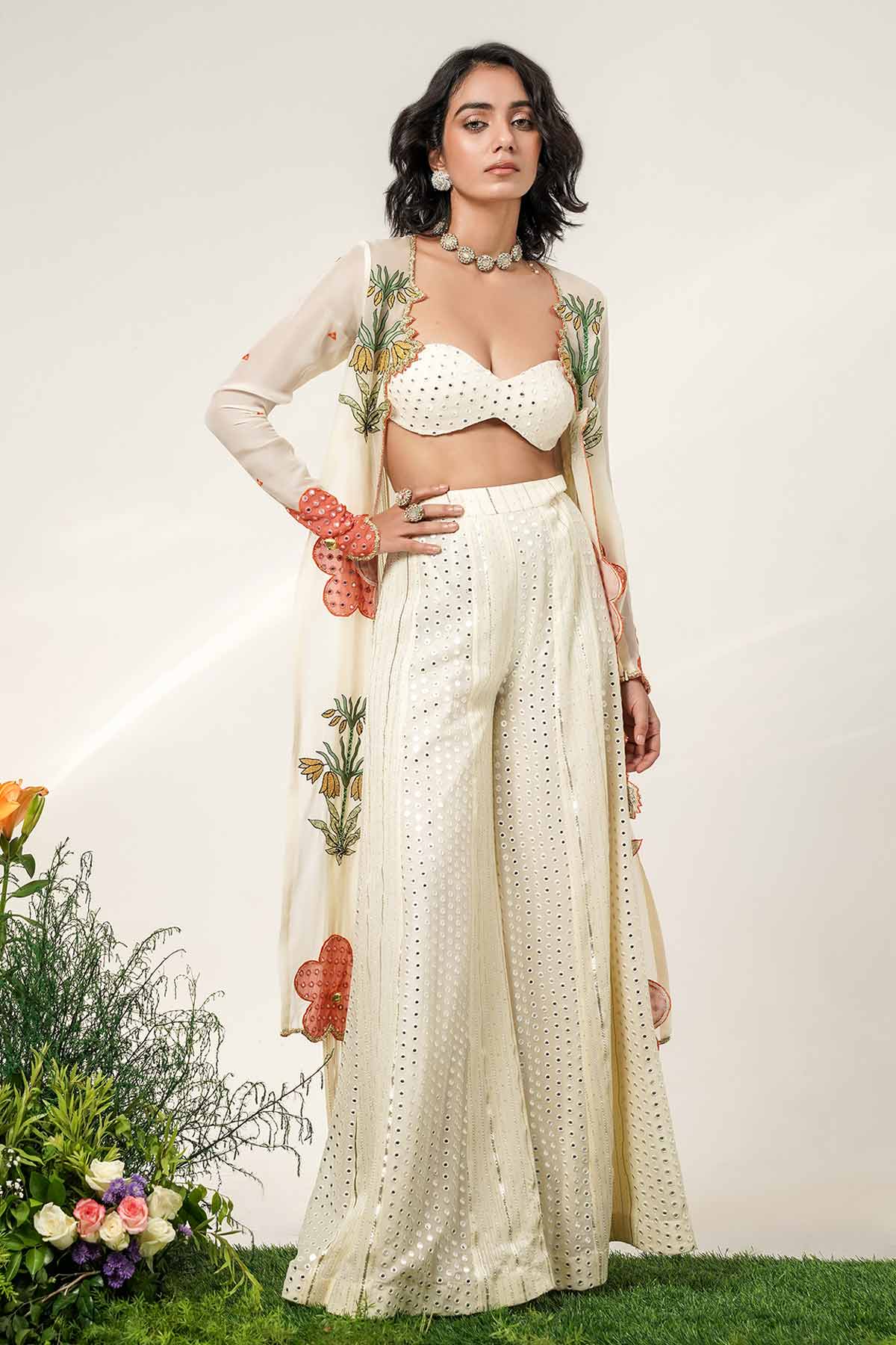 Ivory Floral Motifs Sharara Set
