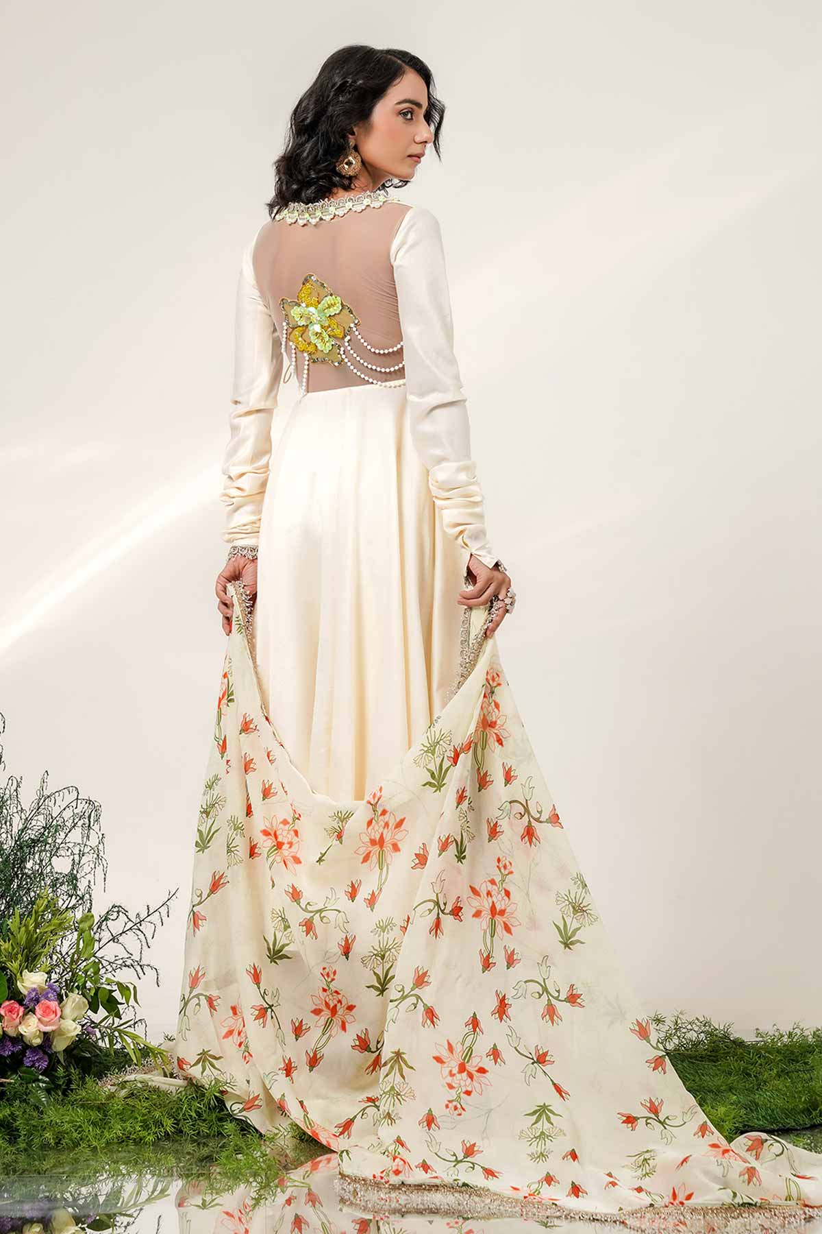 Ivory Floral Patch Anarkali Set