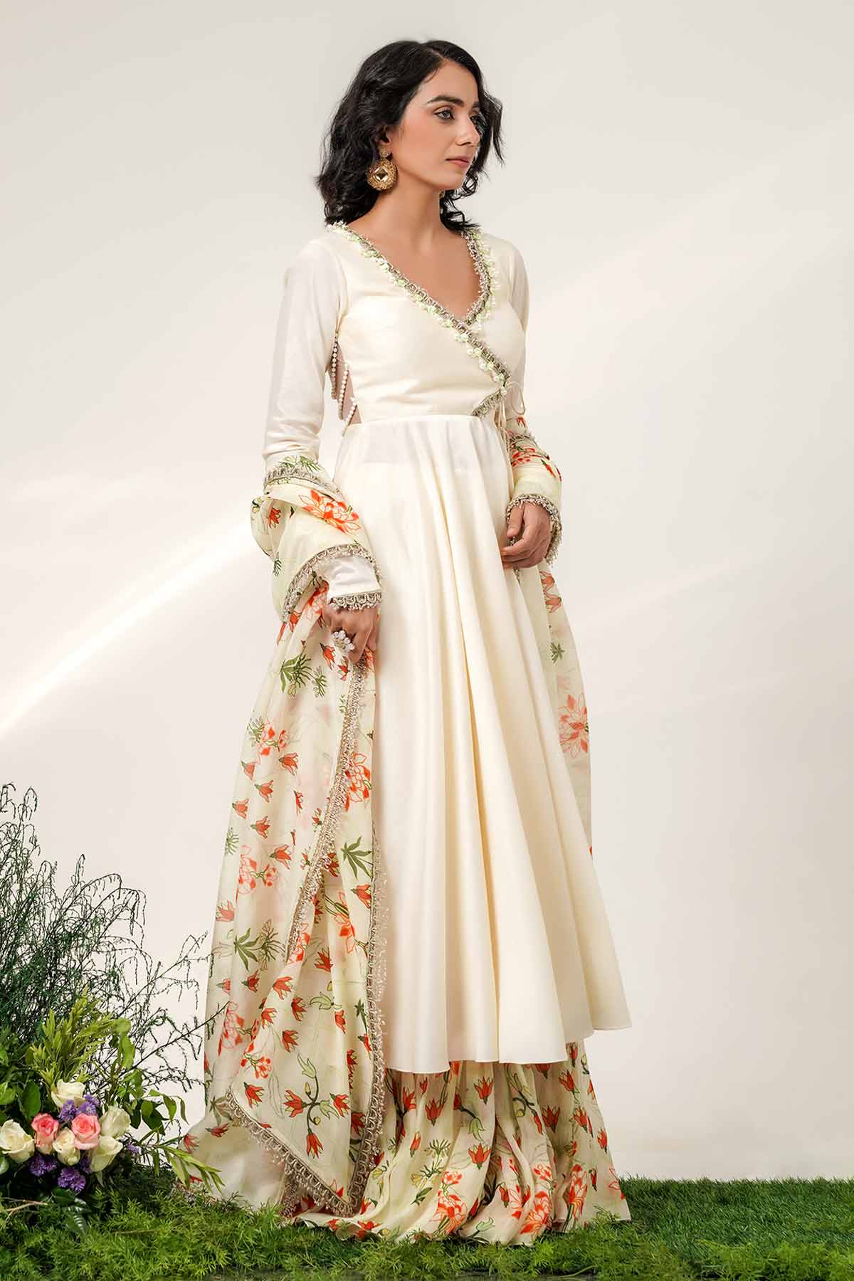Ivory Floral Patch Anarkali Set