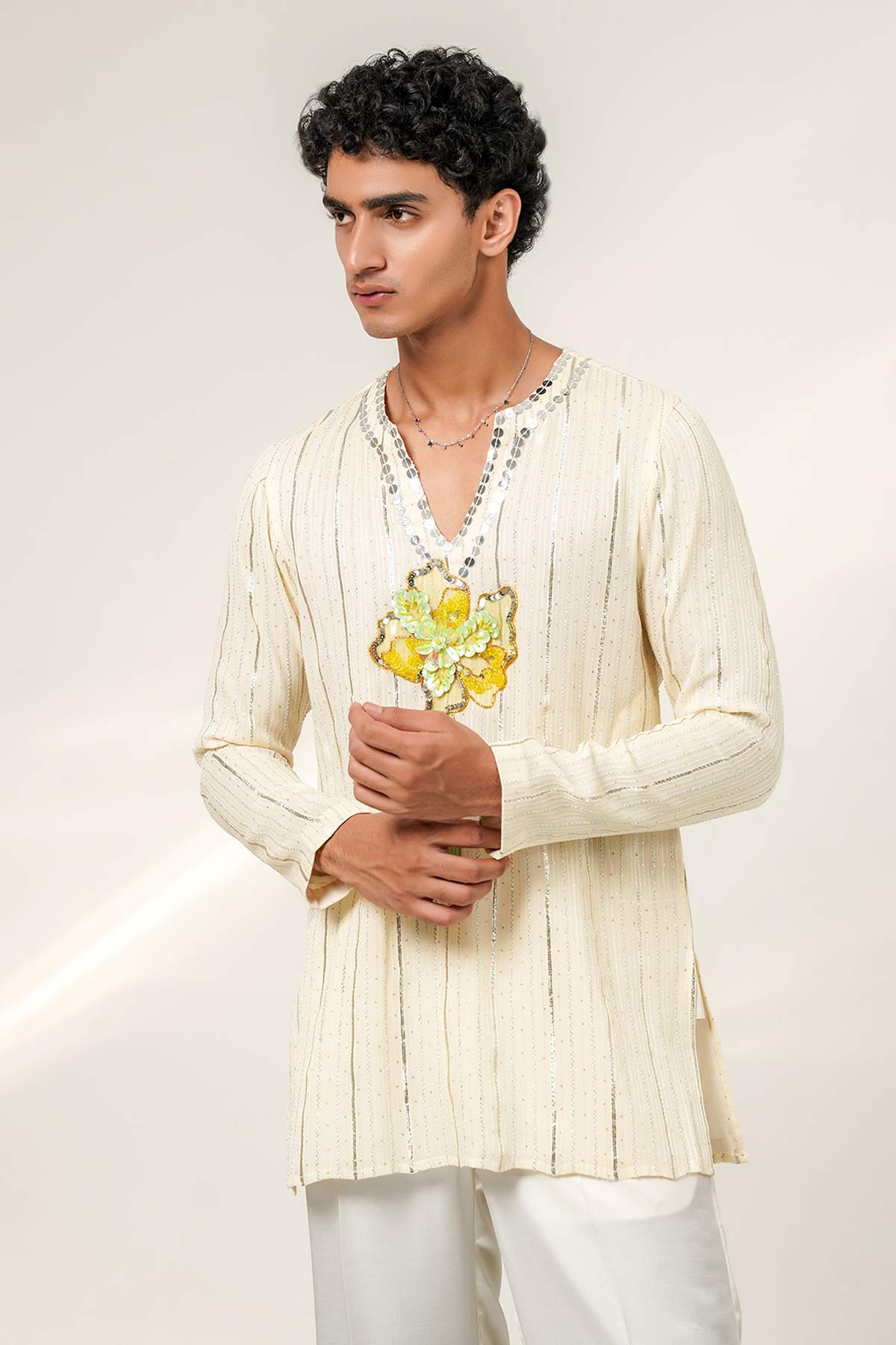 Ivory Floral Patch Kurta & Pant