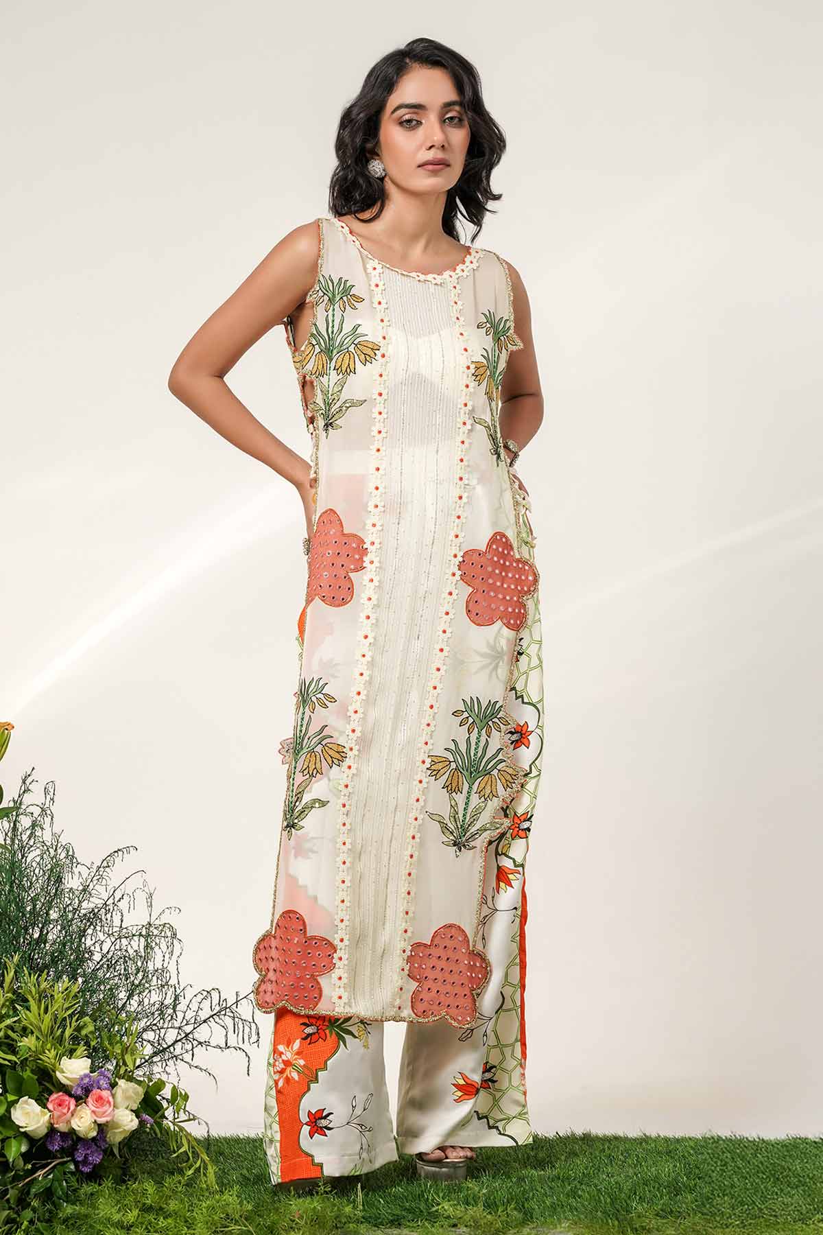 Ivory Floral Patch Kurta Set