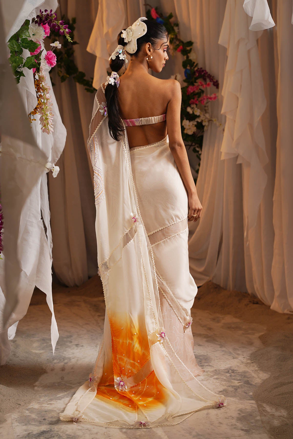 Ivory Floral Print Thread Saree