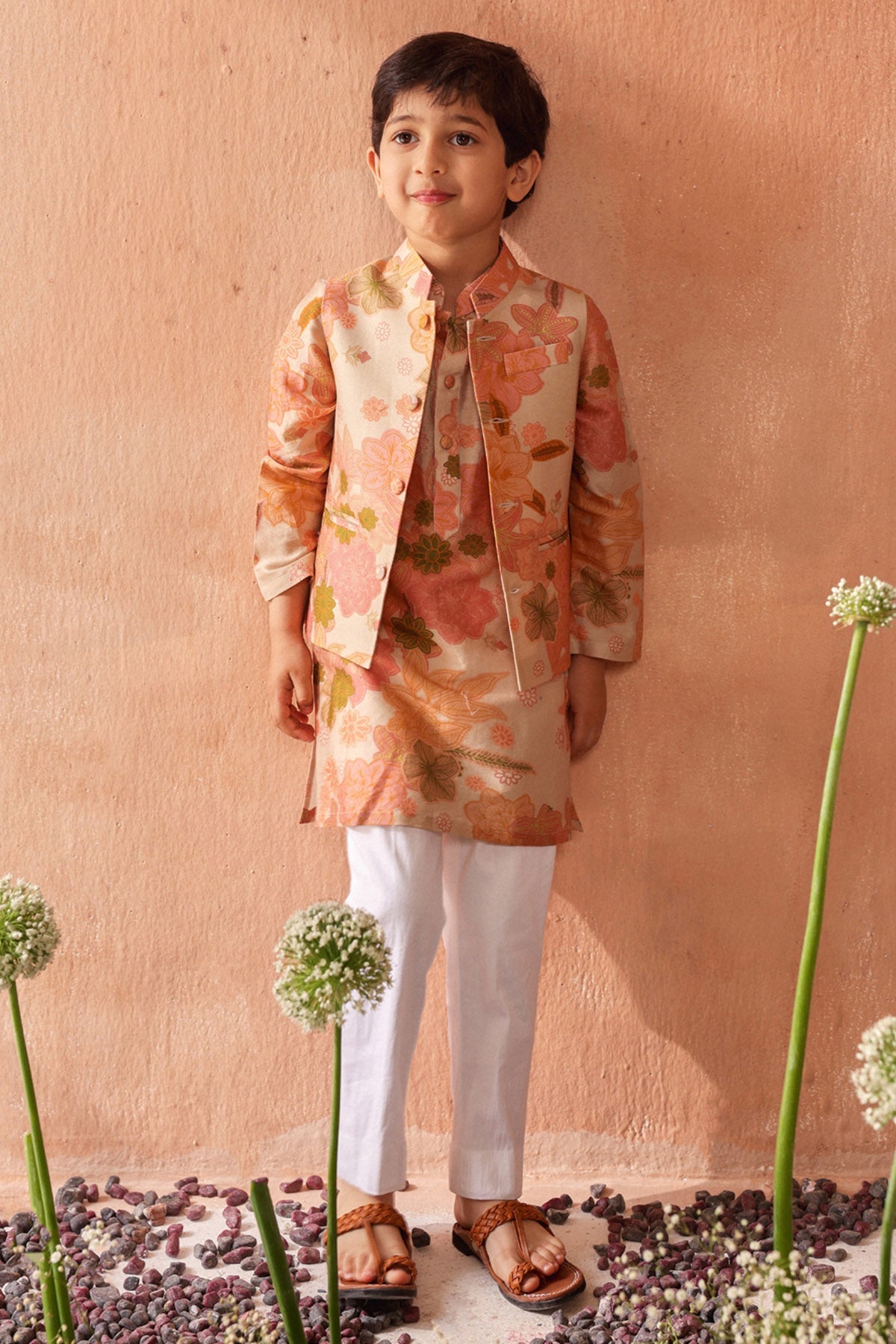 Buy Seema Nanda Ivory Floral Printed Jacket Set for kids available online at ScrollnShops