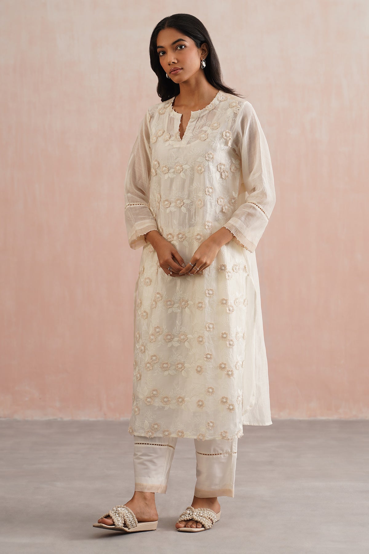 Ivory Floral Work Kurta & Pants